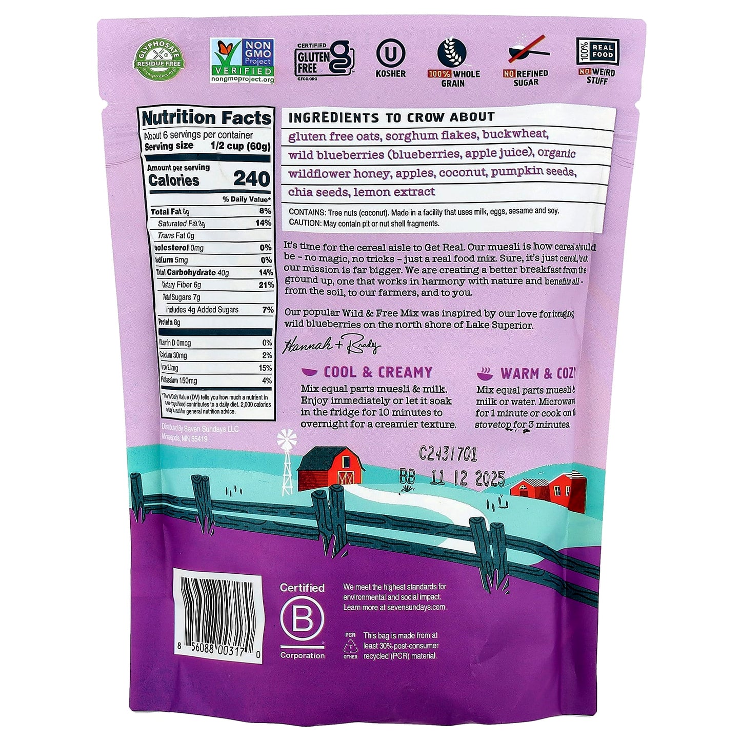 Seven Sundays, Muesli Cereal, Wild & Free Mix, Blueberry Chia Buckwheat, 12 oz (340 g) - Image 2