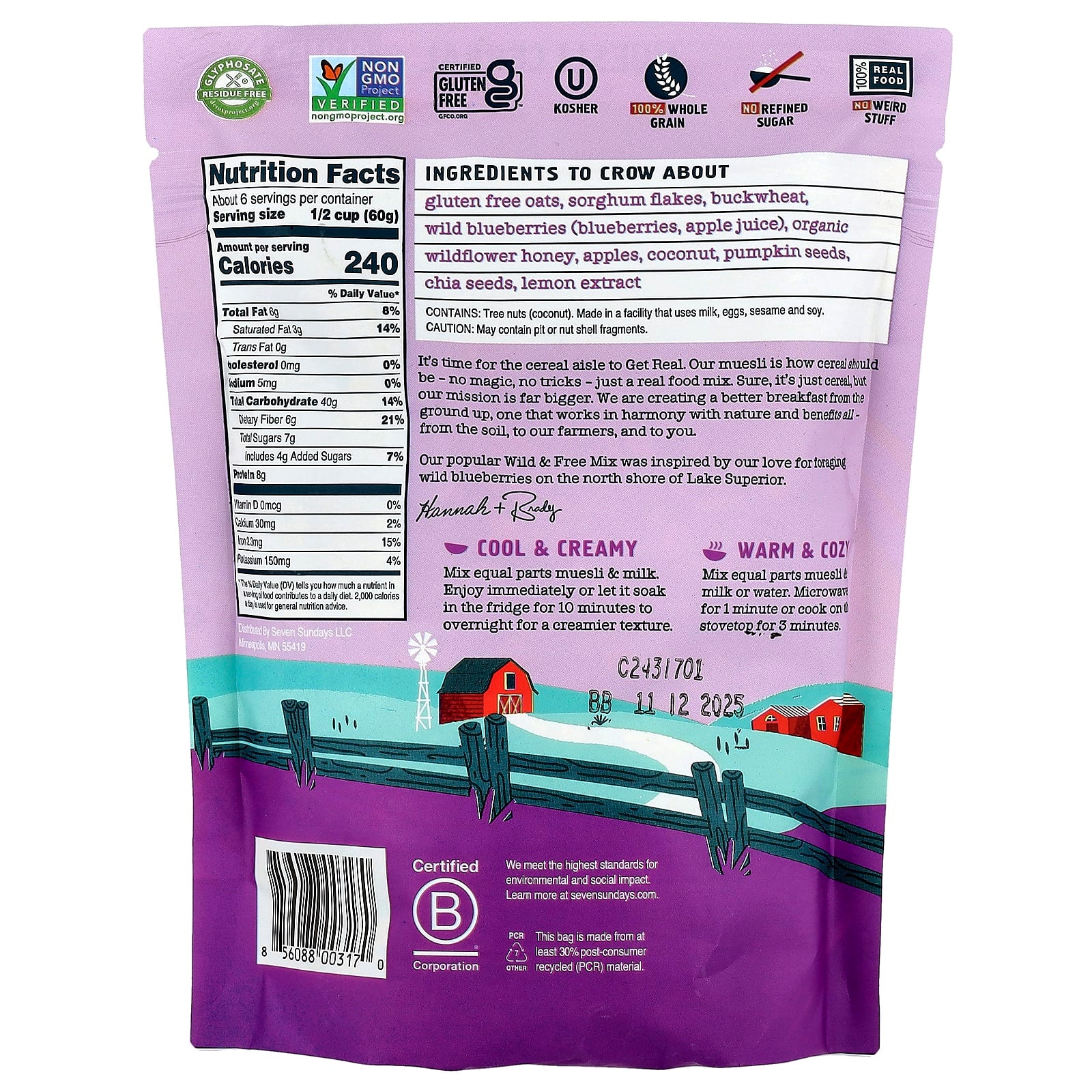 Seven Sundays, Muesli Cereal, Wild & Free Mix, Blueberry Chia Buckwheat, 12 oz (340 g) - Image 2