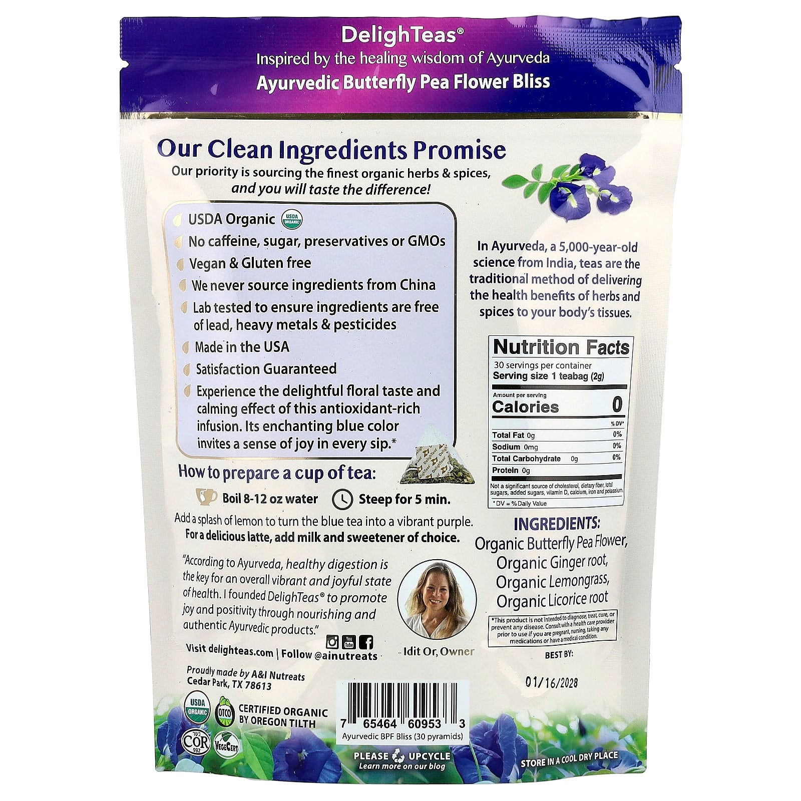 DelighTeas, Ayurvedic Butterfly Pea Flower Bliss, Herbal Beau-Tea, Caffeine Free, 30 Luxury Pyramid Tea Bags, 2.1 oz (60 g)