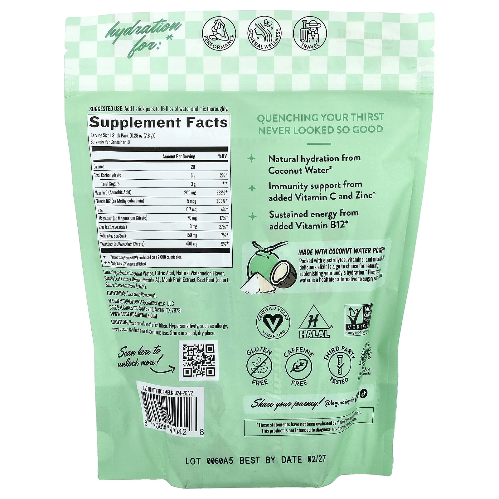 Legendairy Milk, She's Thirsty®, Coconut Water Electrolyte Mix, Watermelon, 18 Stick Packs, 0.28 oz (7.8 g) Each
