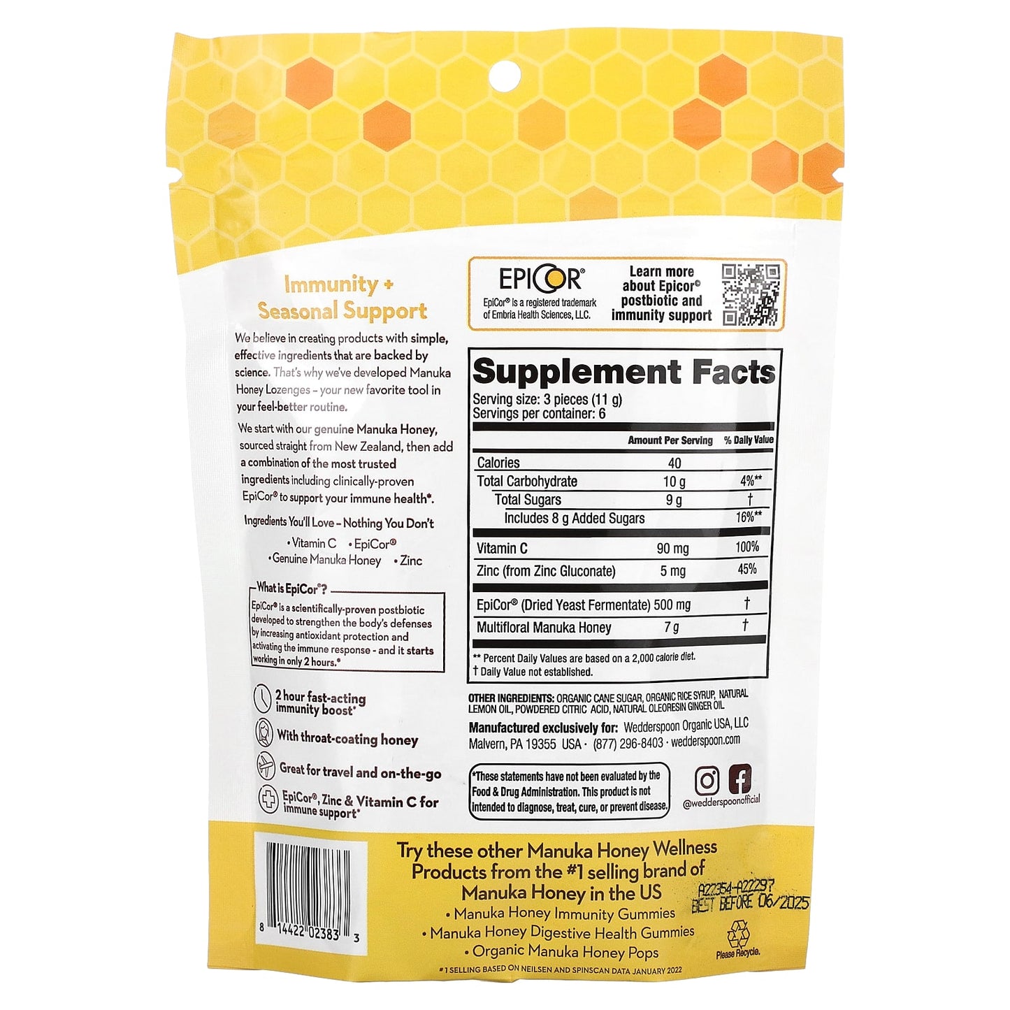 Wedderspoon, Manuka Honey Lozenges, Lemon Ginger, 2.6 oz (74 g) - Image 2
