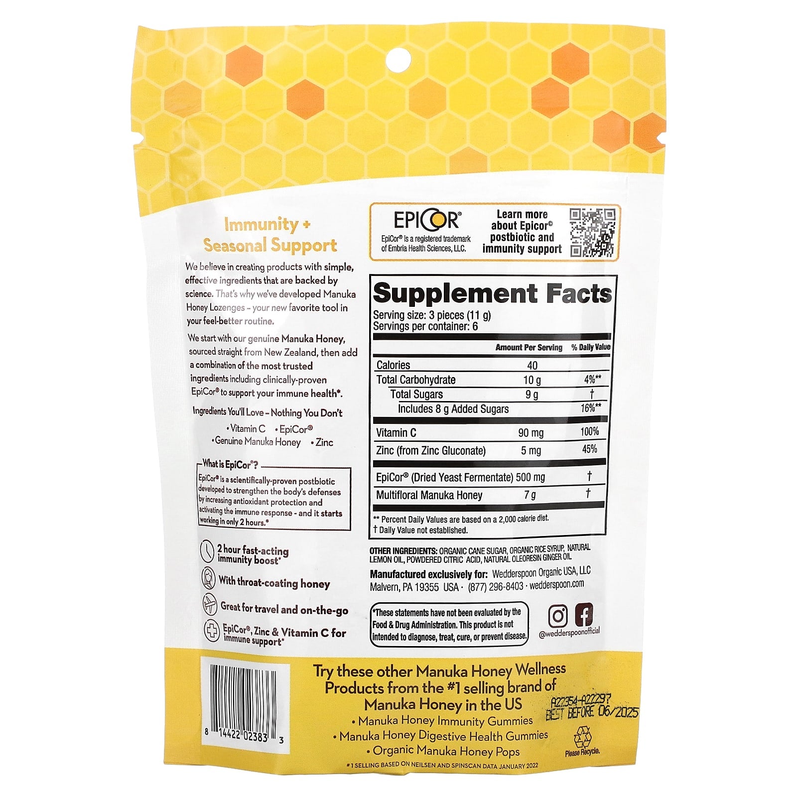 Wedderspoon, Manuka Honey Lozenges, Lemon Ginger, 2.6 oz (74 g) - Image 2