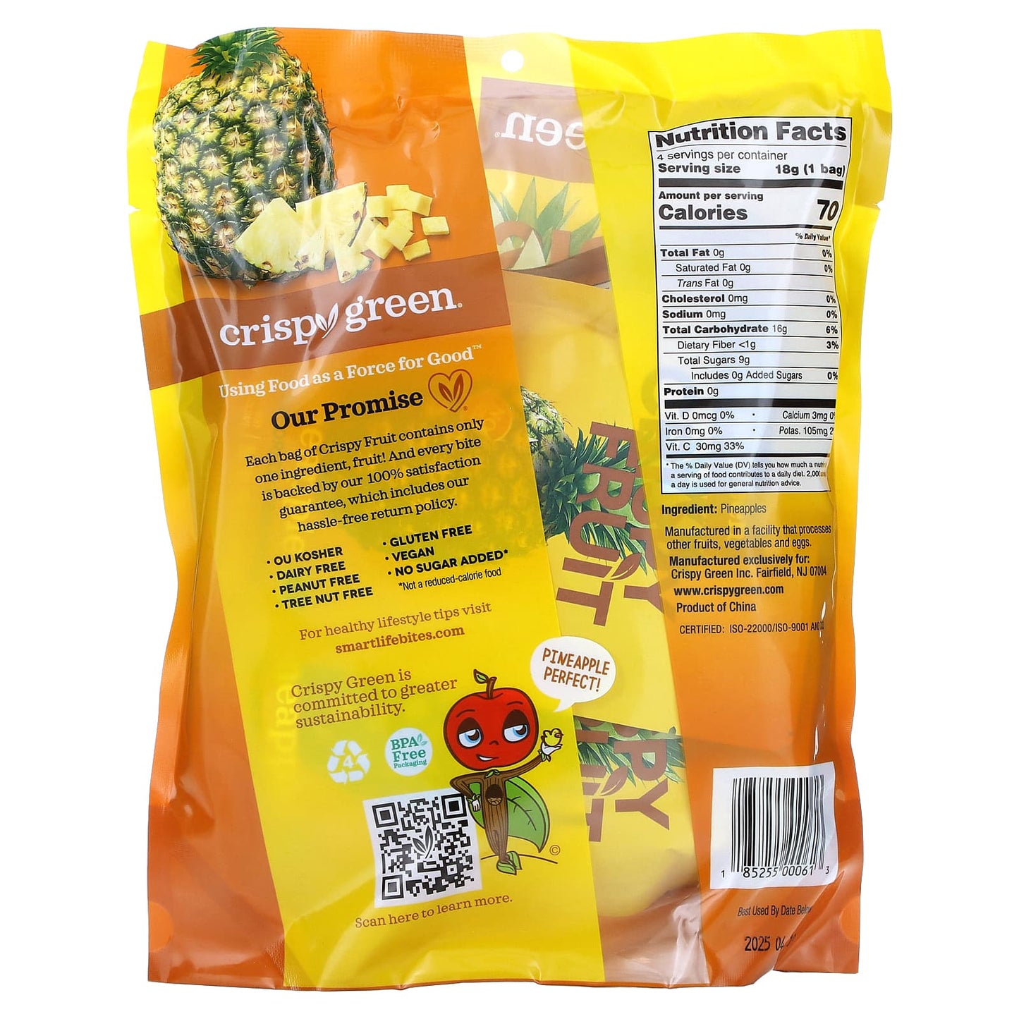 Crispy Green Freeze-Dried Pineapple Snacks, 4 Pack, 0.63 oz Each - Image 2