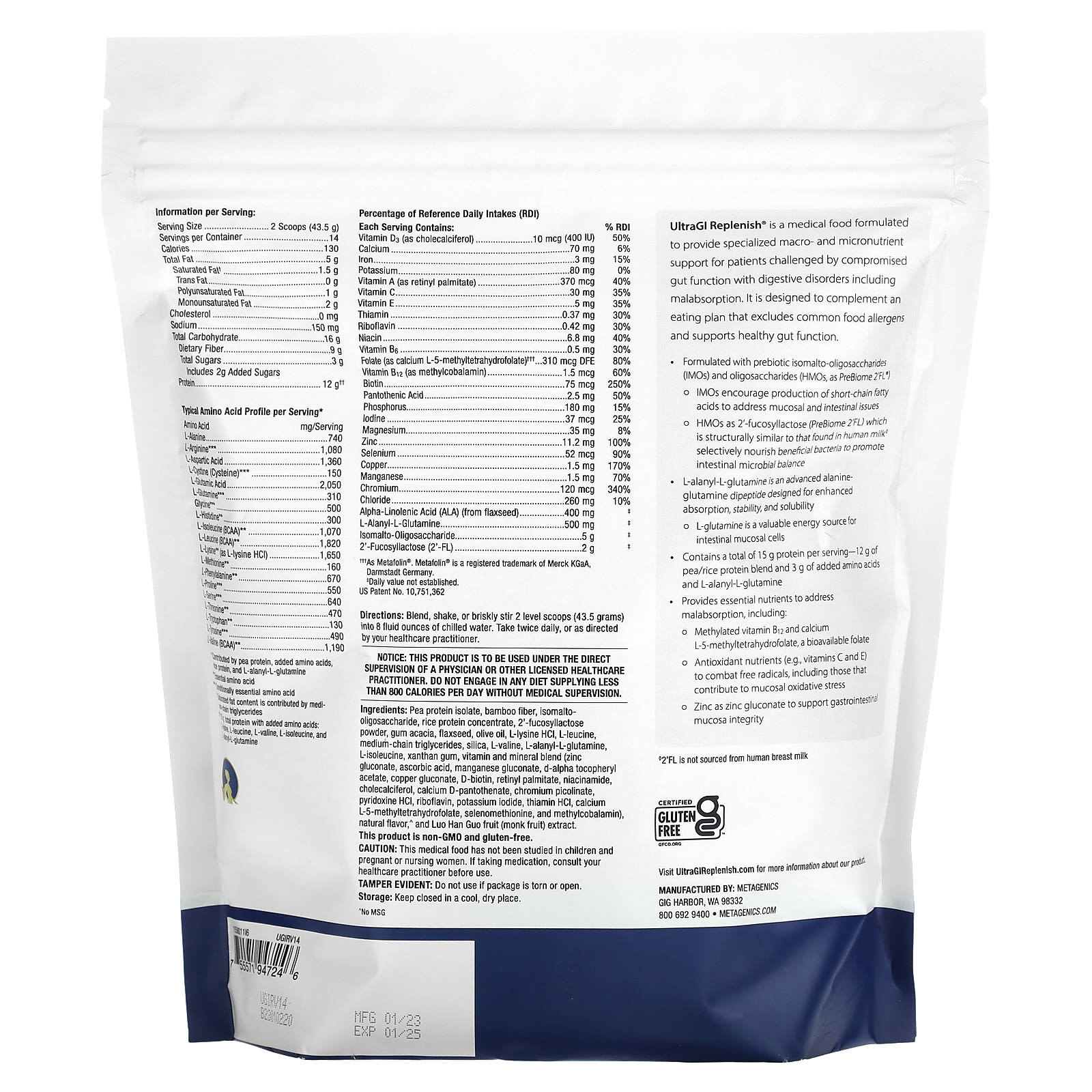 Metagenics, UltraGI Replenish, Vanilla, 21.48 oz (609 g) - Image 2