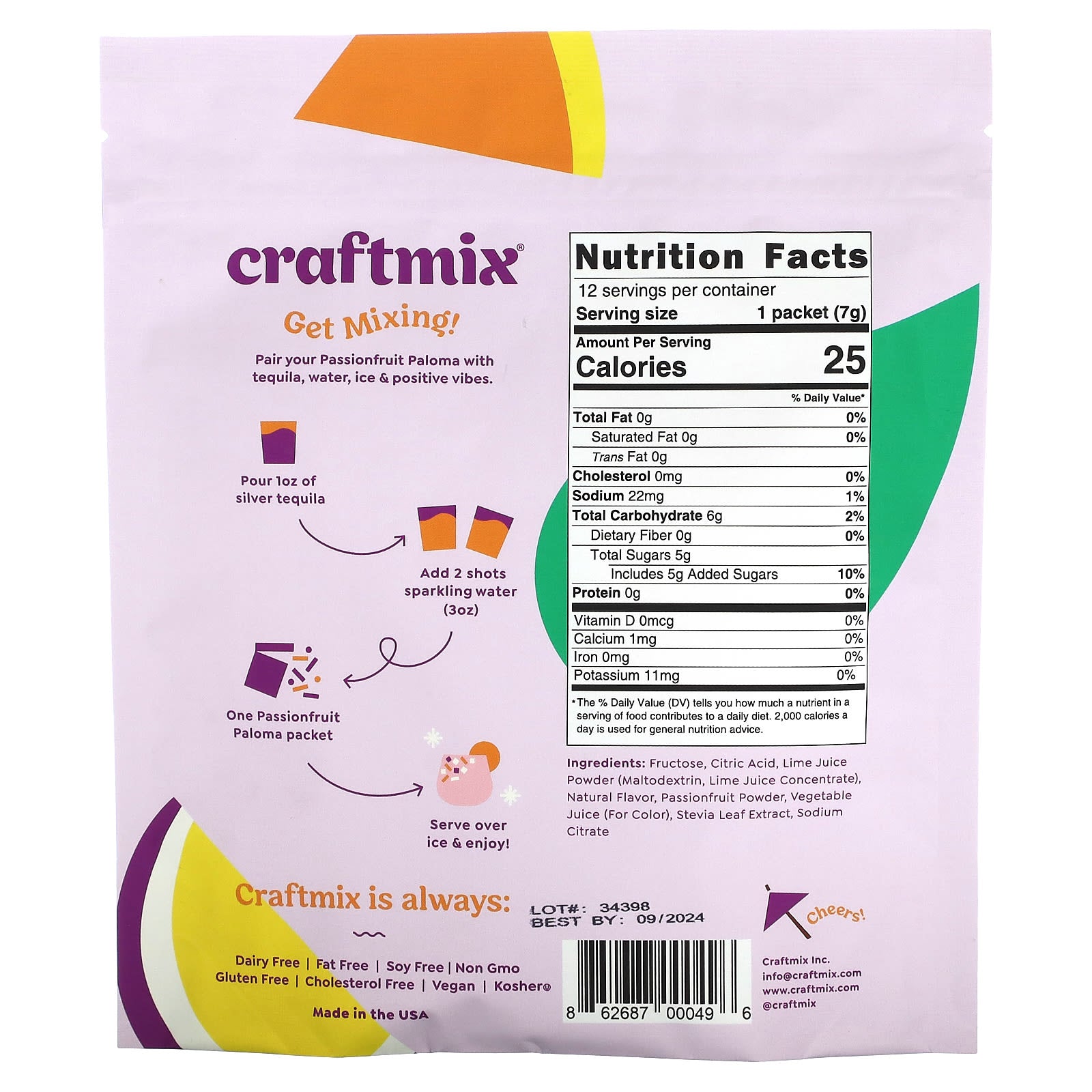 Craftmix, Cocktail Mix Packets, Passionfruit Paloma, 12 Packets, 2.96 oz (84 g) Each