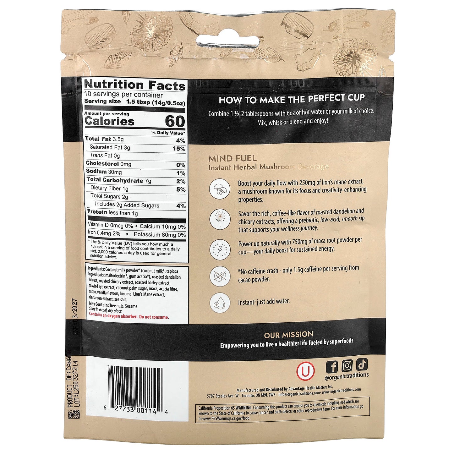 Organic Traditions, Instant Herbal Mushroom Beverage, Mind Fuel, Caffeine Free, 5 oz (140 g) - Image 2
