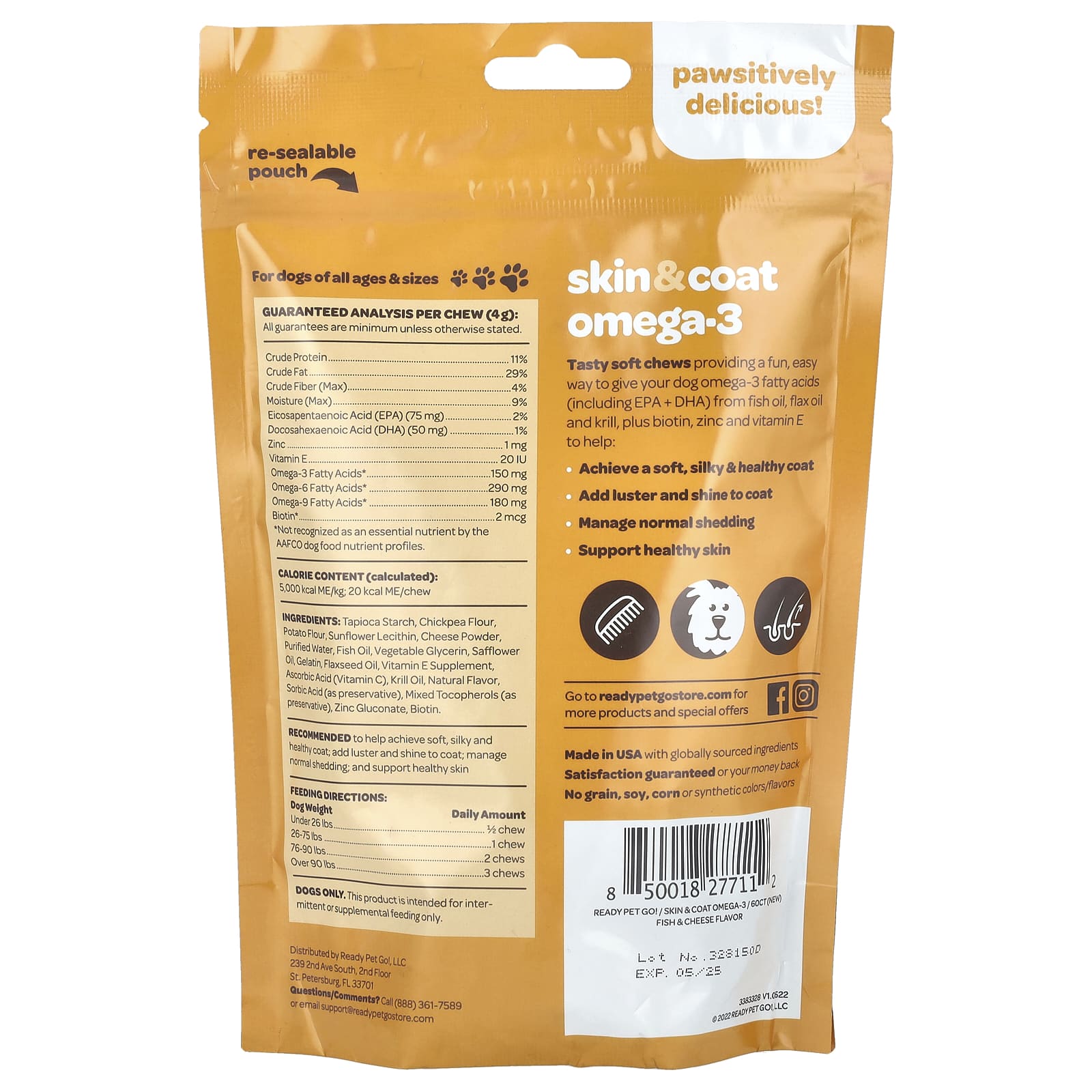 Ready Pet Go, Skin & Coat Omega-3, For Dogs, All Ages, Fish & Cheese, 60 Soft Chews, 8.5 oz (240 g)