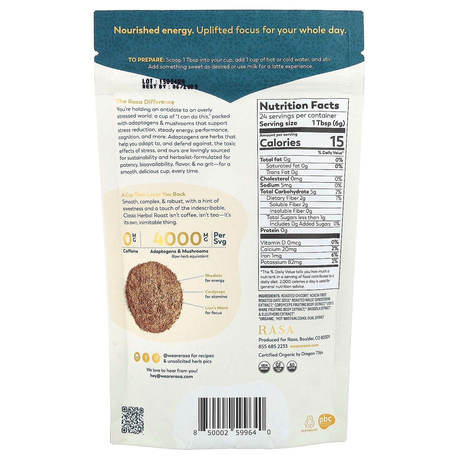 Rasa, Adaptogen & Mushroom Coffee Alternative, Instant, Classic Herbal Roast, 5 oz (144 g) - Image 2