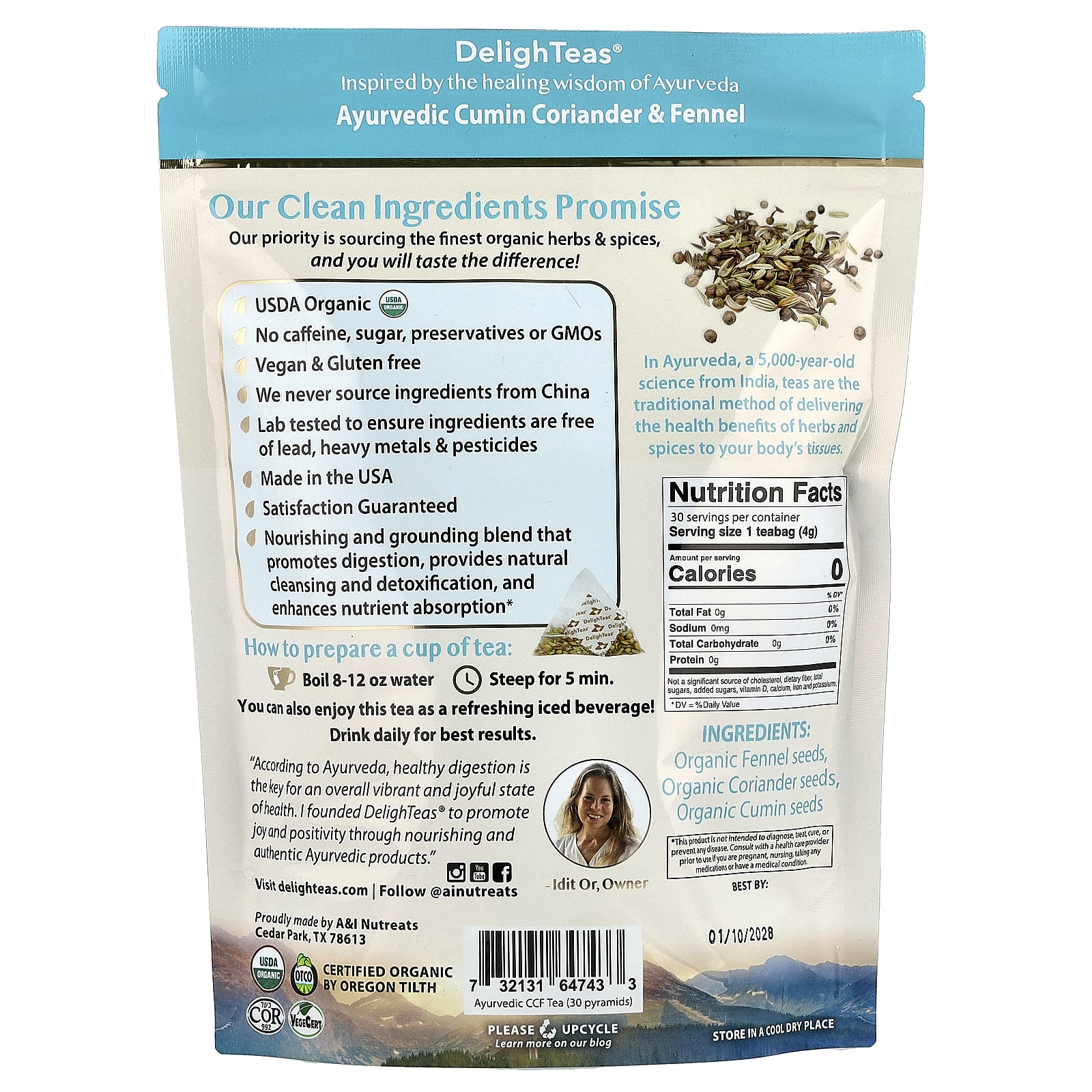 DelighTeas, Ayurvedic Cumin Coriander & Fennel, Herbal Detox Tea, Caffeine Free, 30 Luxury Pyramid Tea Bags, 4.2 oz (120 g)