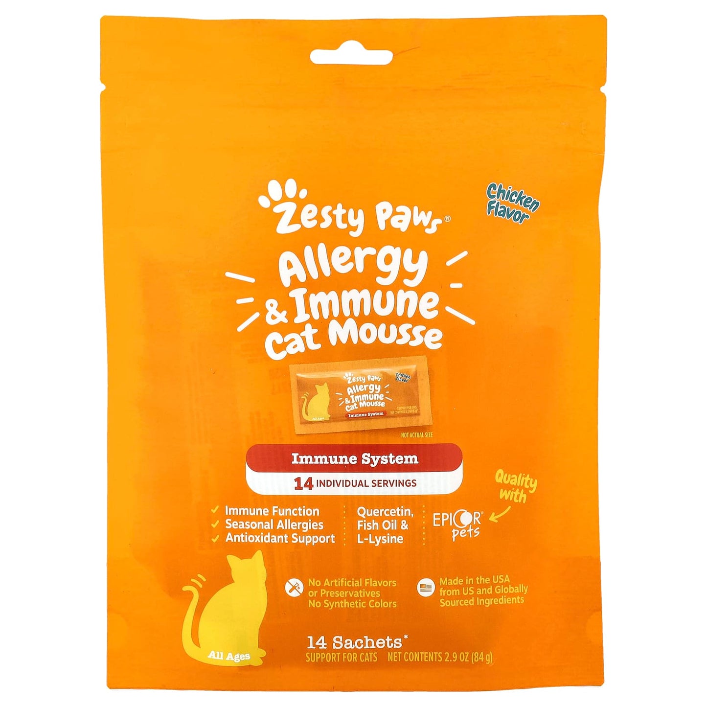 Zesty Paws, Allergy & Immune Cat Mousse, For Cats, All Ages, Chicken, 14 Sachets 0.2 oz (6 g) Each - Image 1