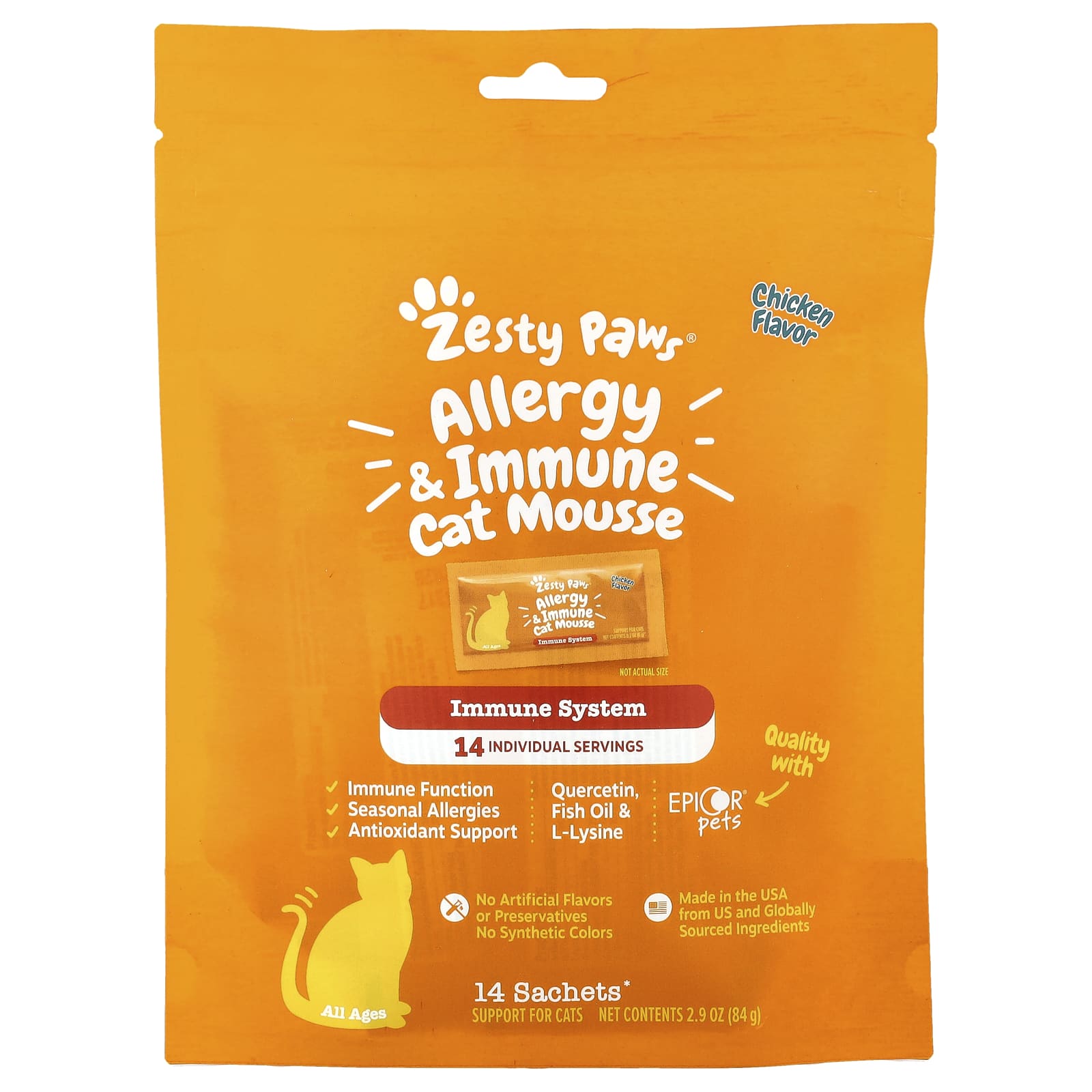 Zesty Paws, Allergy & Immune Cat Mousse, For Cats, All Ages, Chicken, 14 Sachets 0.2 oz (6 g) Each - Image 1