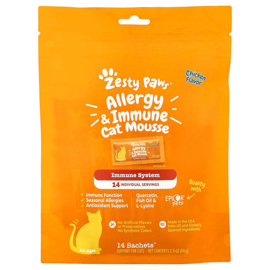 Zesty Paws, Allergy & Immune Cat Mousse, For Cats, All Ages, Chicken, 14 Sachets 0.2 oz (6 g) Each - Image 1