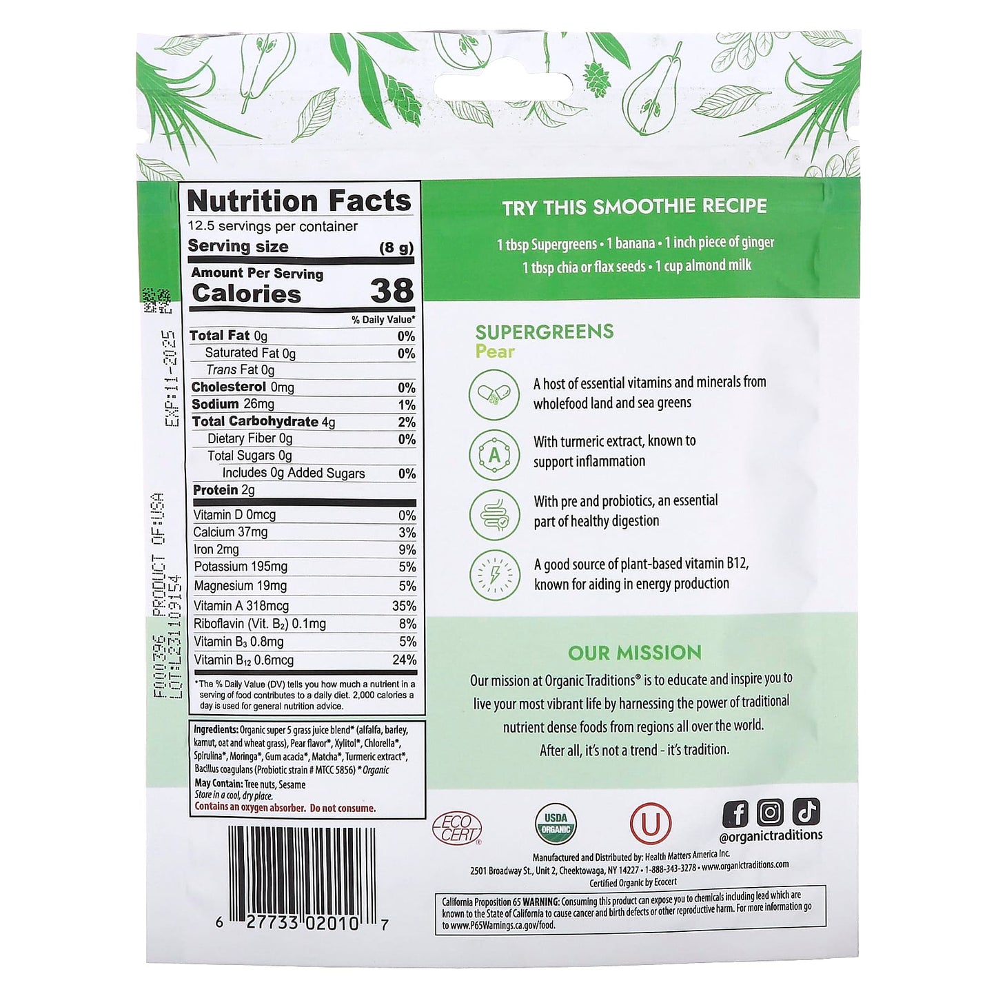 Organic Traditions, Supergreens, Pear, 3.5 oz (100 g) - Image 2