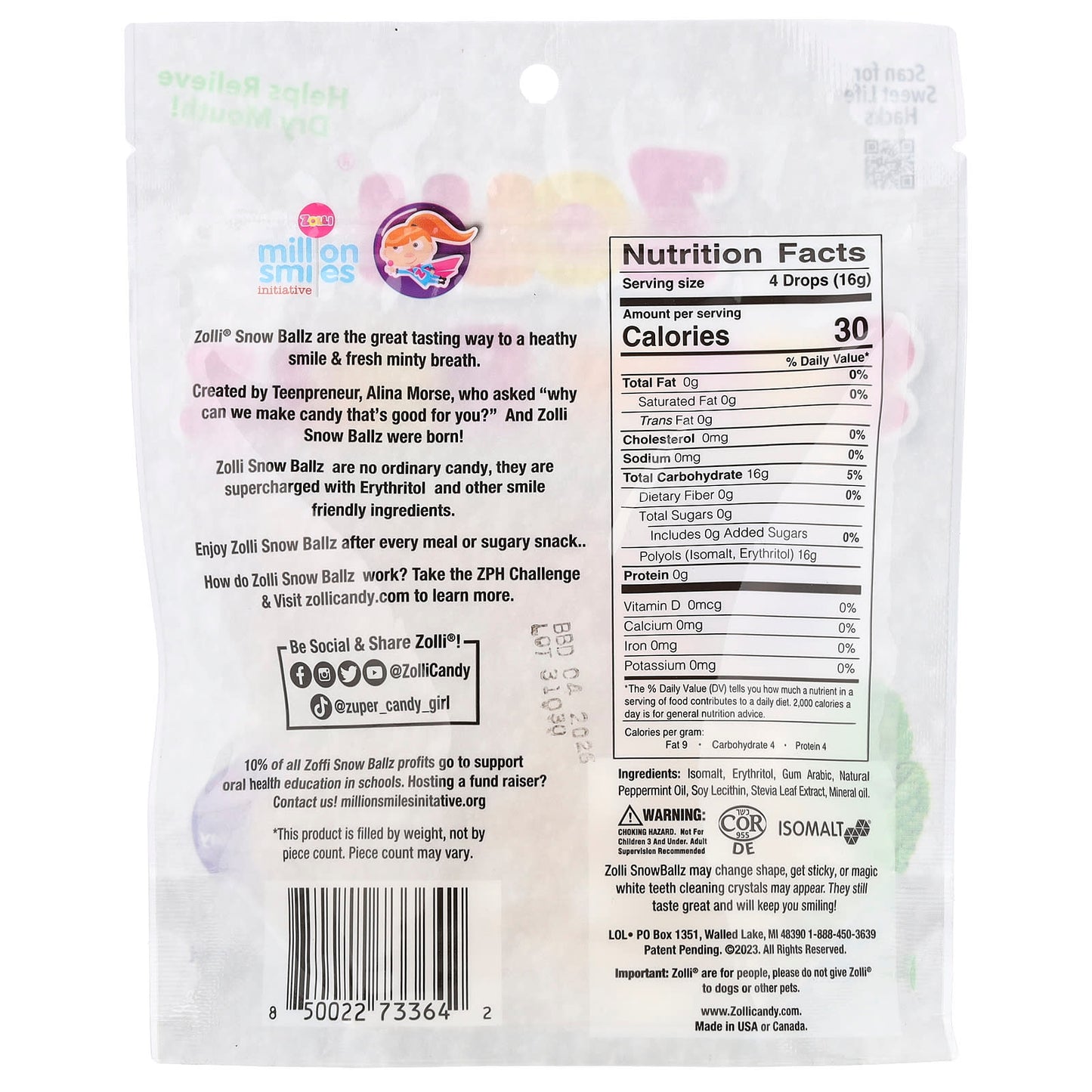 Zollipops, Zolli® Snow Ballz, Naturally Strong Peppermint, Approx. 22 Pieces, 3.1 oz (88 g) - Image 2