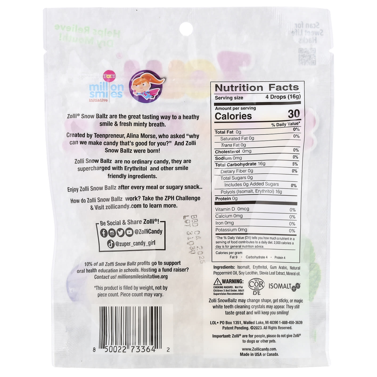 Zollipops, Zolli® Snow Ballz, Naturally Strong Peppermint, Approx. 22 Pieces, 3.1 oz (88 g) - Image 2