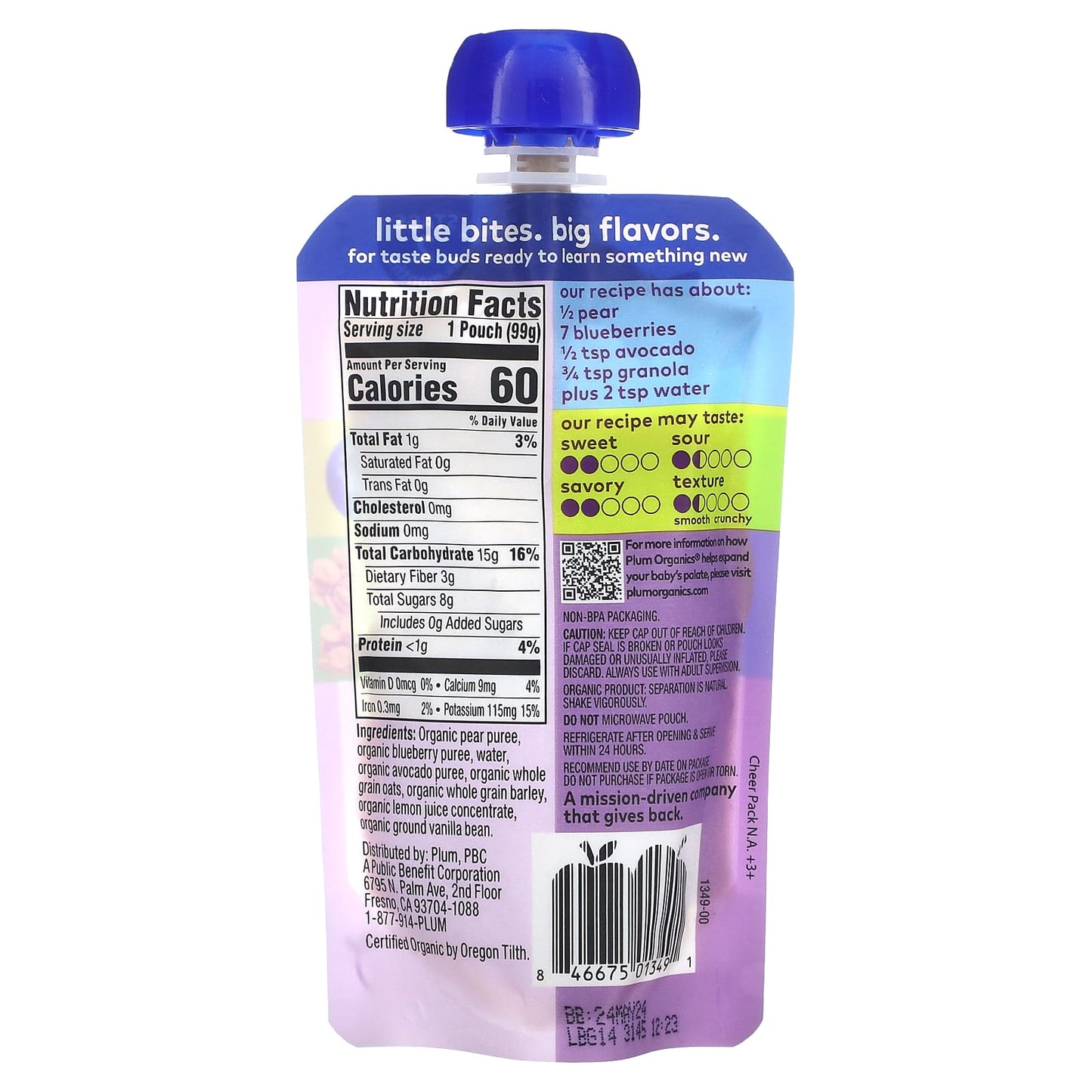 Plum Organics, Organic Baby Food, 6 + Months, Pear, Blueberry, Avocado + Granola , 3.5 oz (99 g) - Image 2