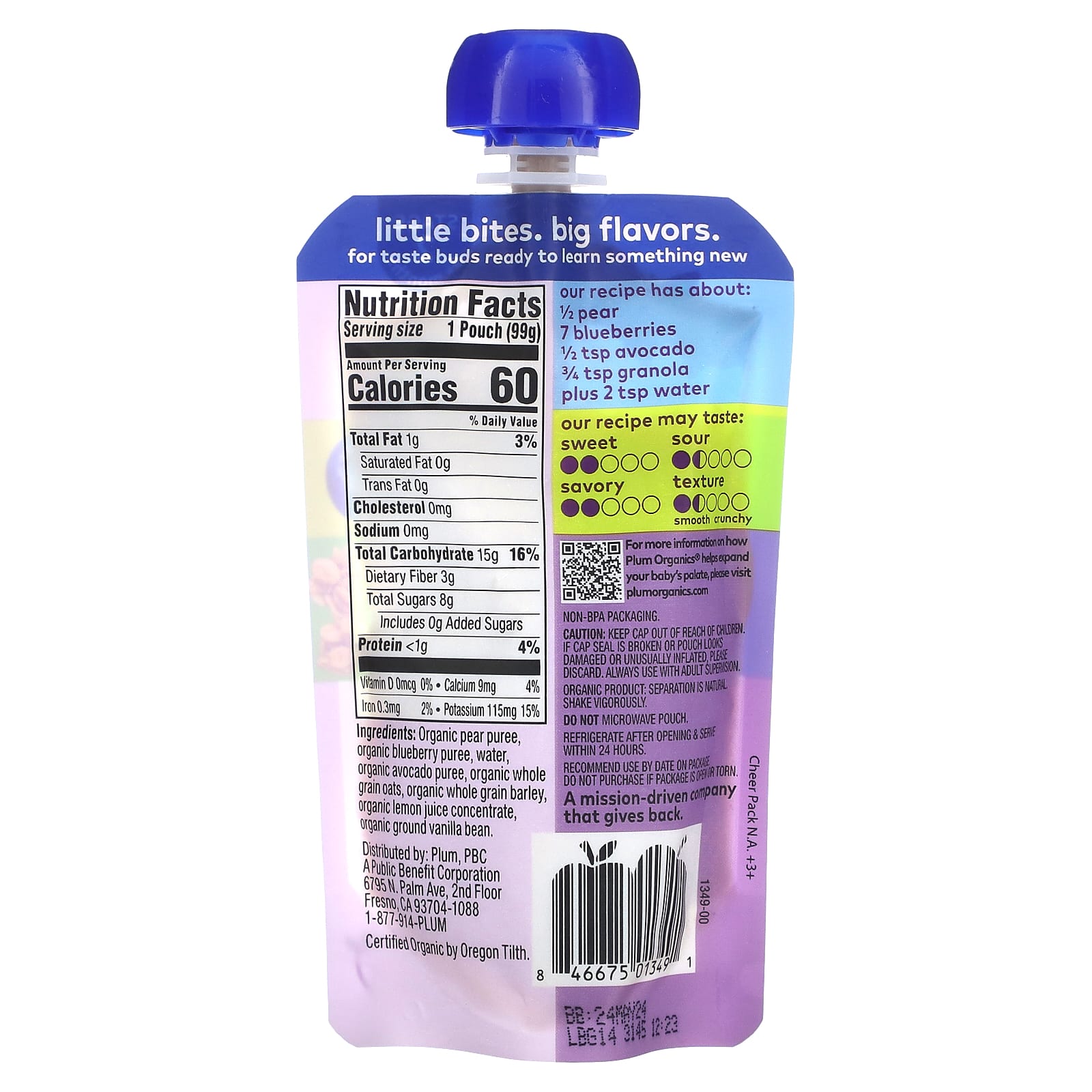 Plum Organics, Organic Baby Food, 6 + Months, Pear, Blueberry, Avocado + Granola , 3.5 oz (99 g) - Image 2