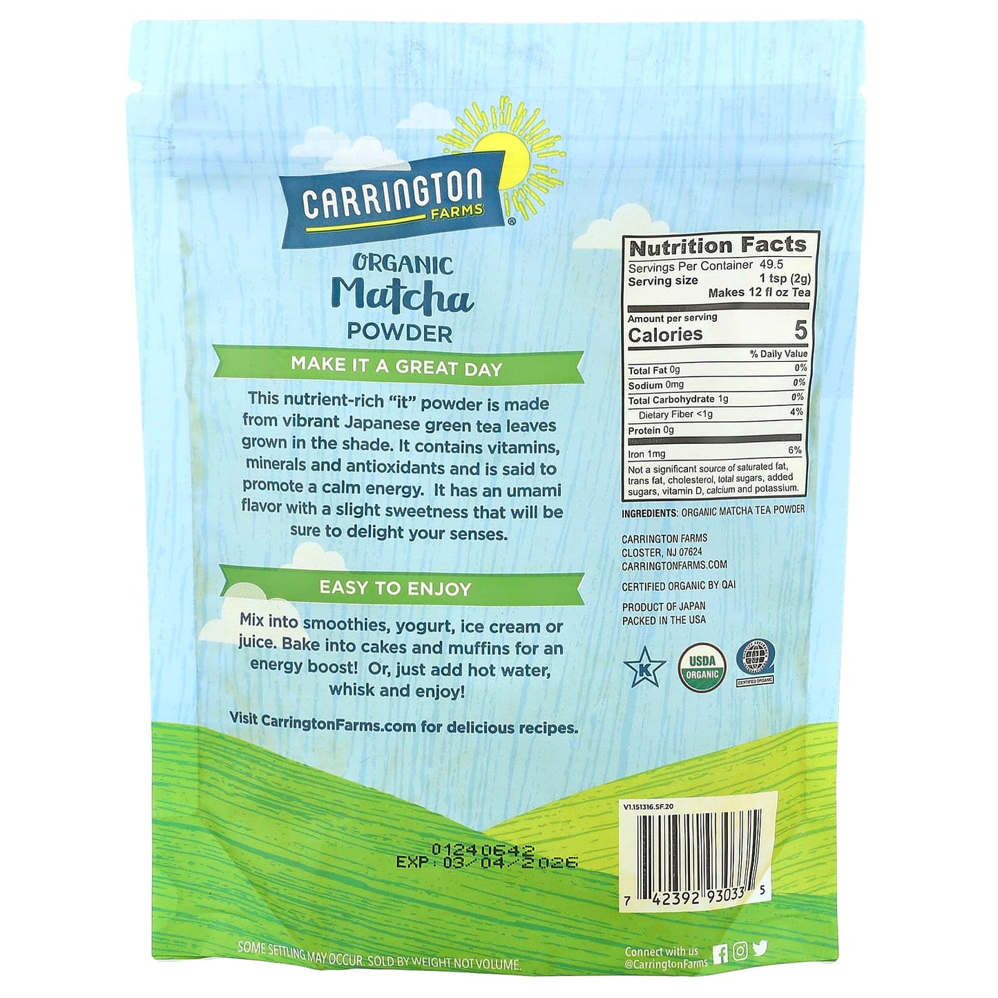 Boost Energy with USDA Organic Matcha Powder by Carrington Farms, 3.5 oz - Image 2
