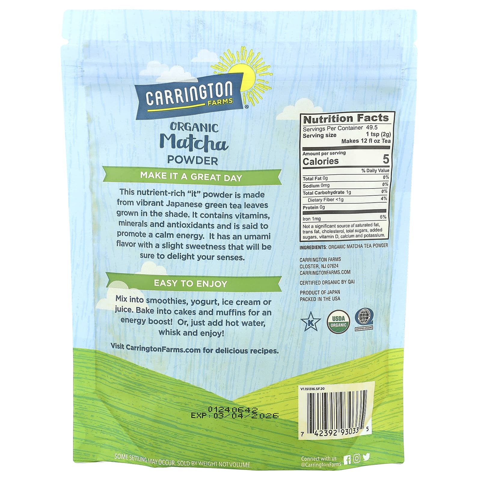 Boost Energy with USDA Organic Matcha Powder by Carrington Farms, 3.5 oz - Image 2