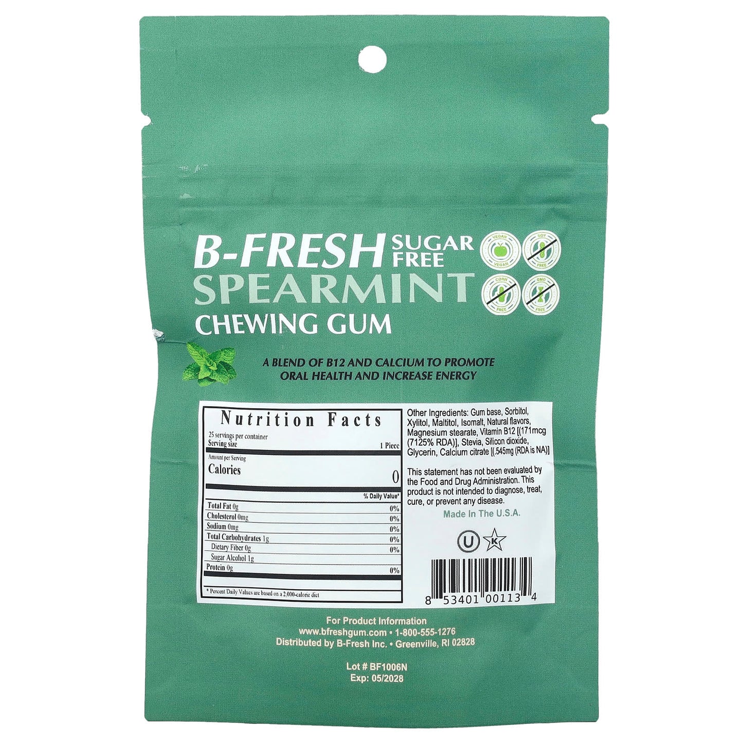 B-Fresh Sugar-Free Spearmint Gum - 50g (25 Pieces) - Image 2
