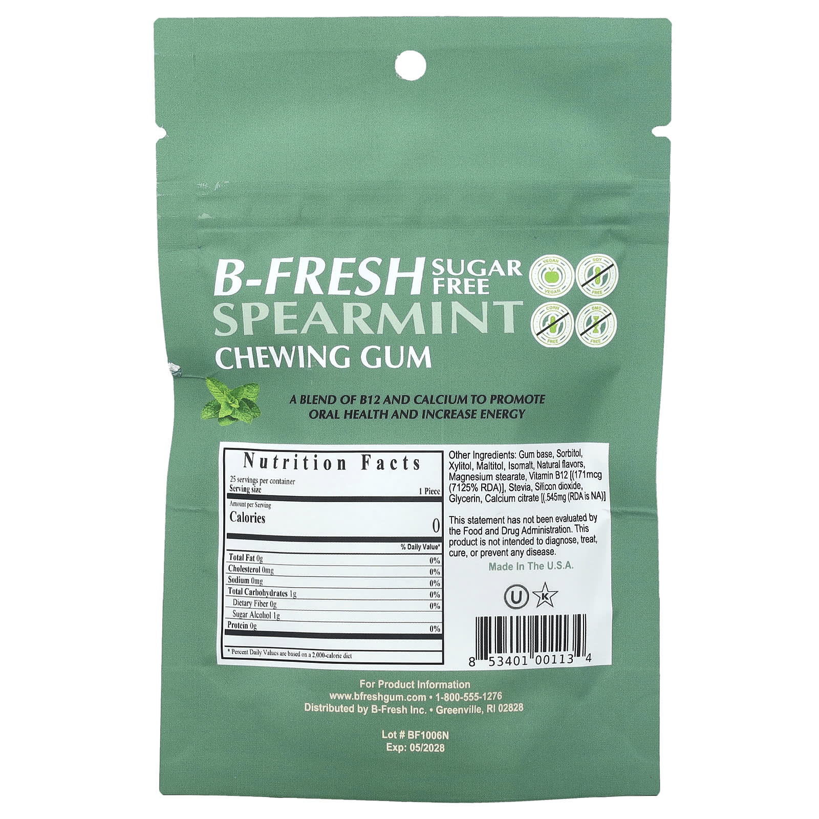 B-Fresh Sugar-Free Spearmint Gum - 50g (25 Pieces) - Image 2