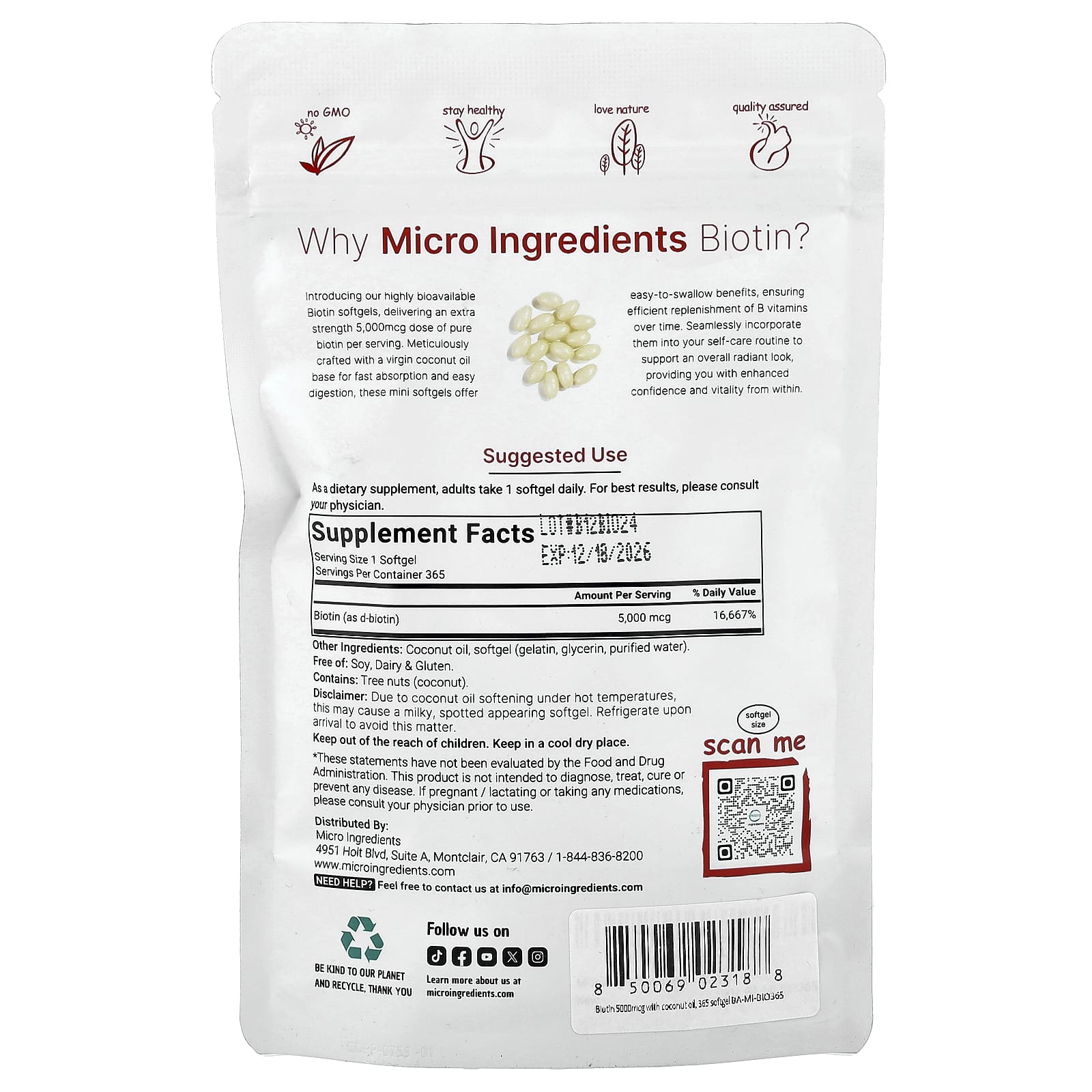 Micro Ingredients, Biotin, 5,000 mcg, 365 Softgels - Image 2