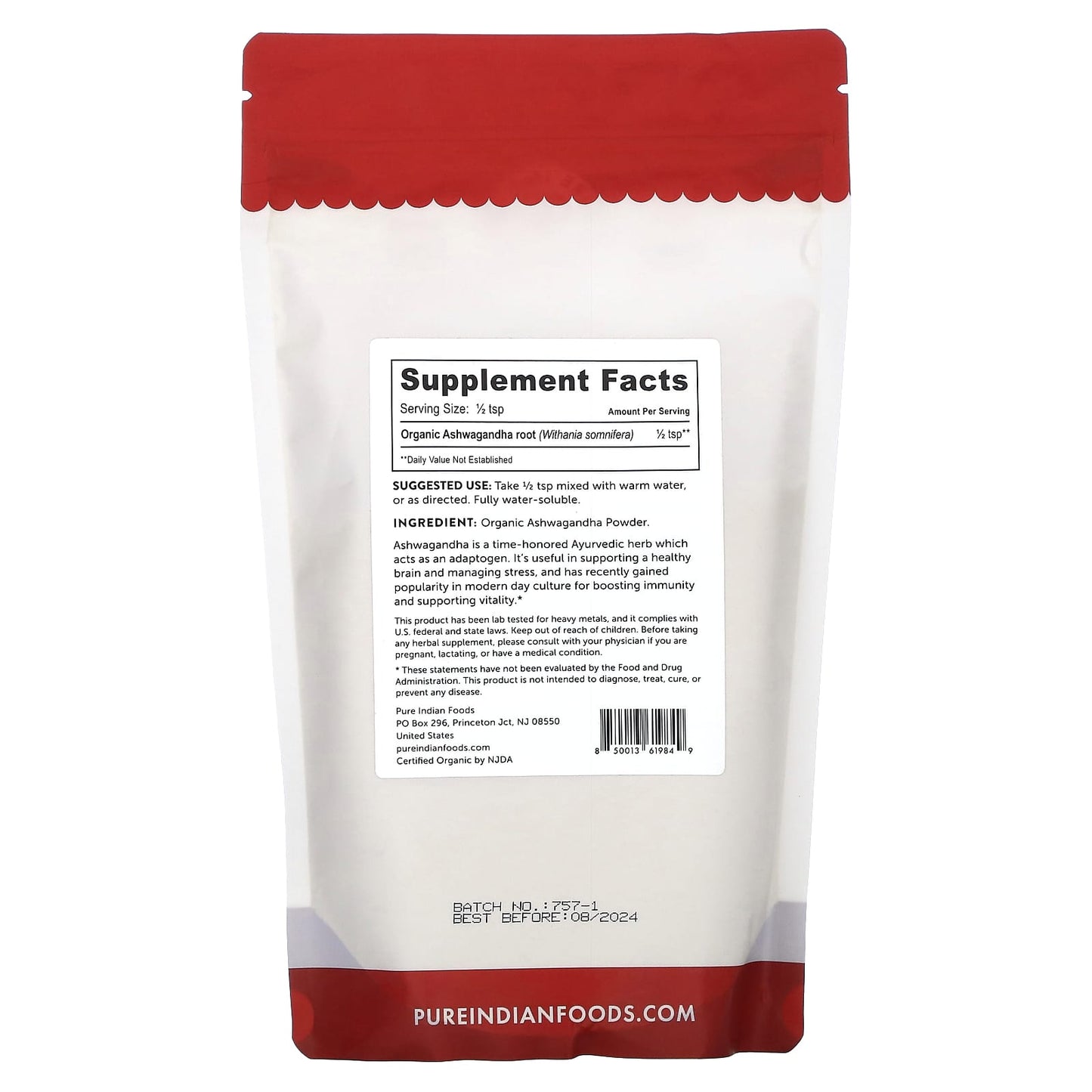 Pure Indian Foods, Organic Ashwagandha Root Powder, 8 oz (227 g) - Image 2