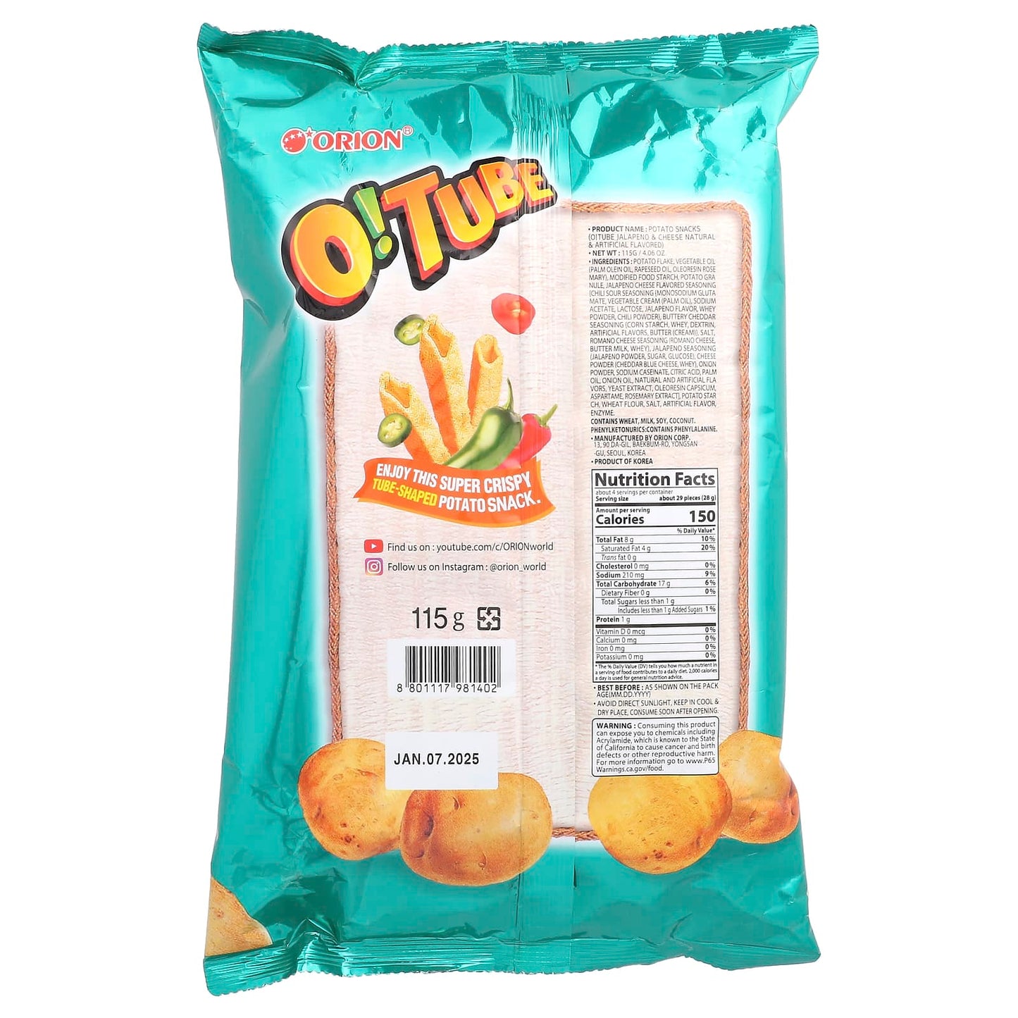 Orion, O! Tube, Potato Snacks, Jalapeno & Cheese, 4.06 oz (115 g) - Image 2