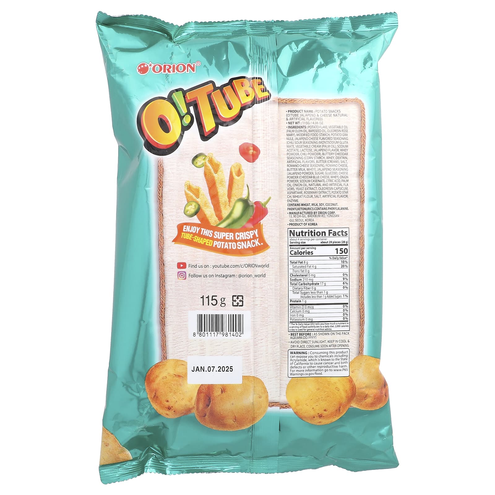 Orion, O! Tube, Potato Snacks, Jalapeno & Cheese, 4.06 oz (115 g) - Image 2
