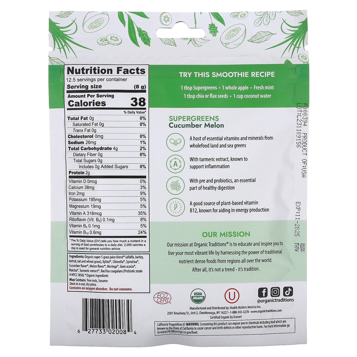 Organic Traditions, Supergreens, Cucumber Melon , 3.5 oz (100 g) - Image 2