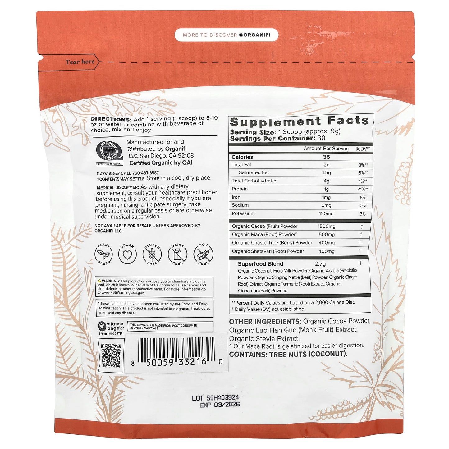 Organifi, Harmony, Cacao, 9.52 oz (270 g) - Image 2