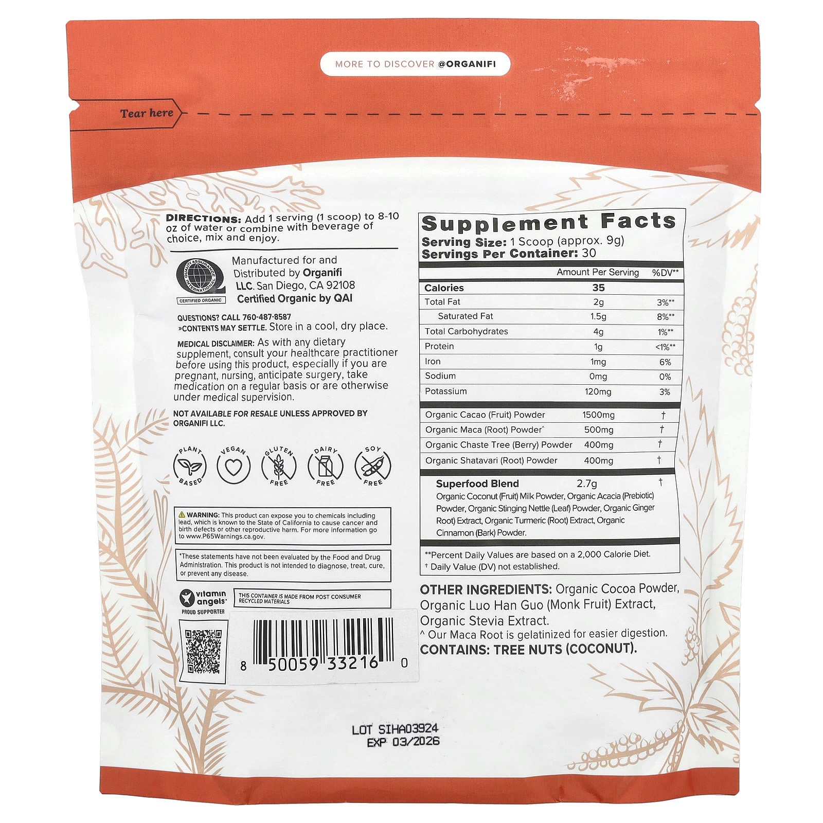 Organifi, Harmony, Cacao, 9.52 oz (270 g) - Image 2