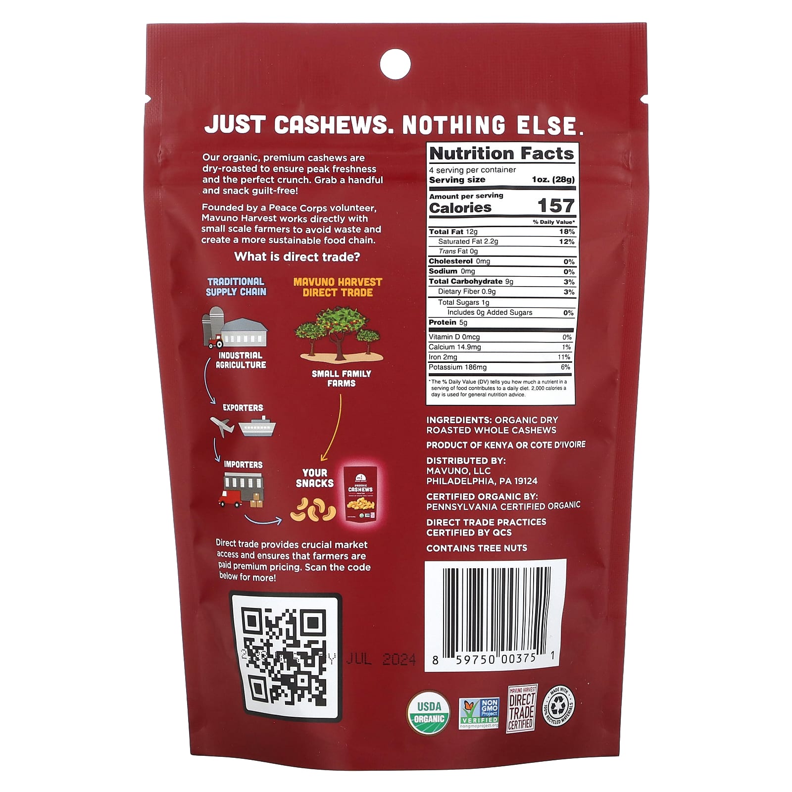 Mavuno Harvest, Organic Cashews, Roasted, 4 oz (112 g) - Image 2