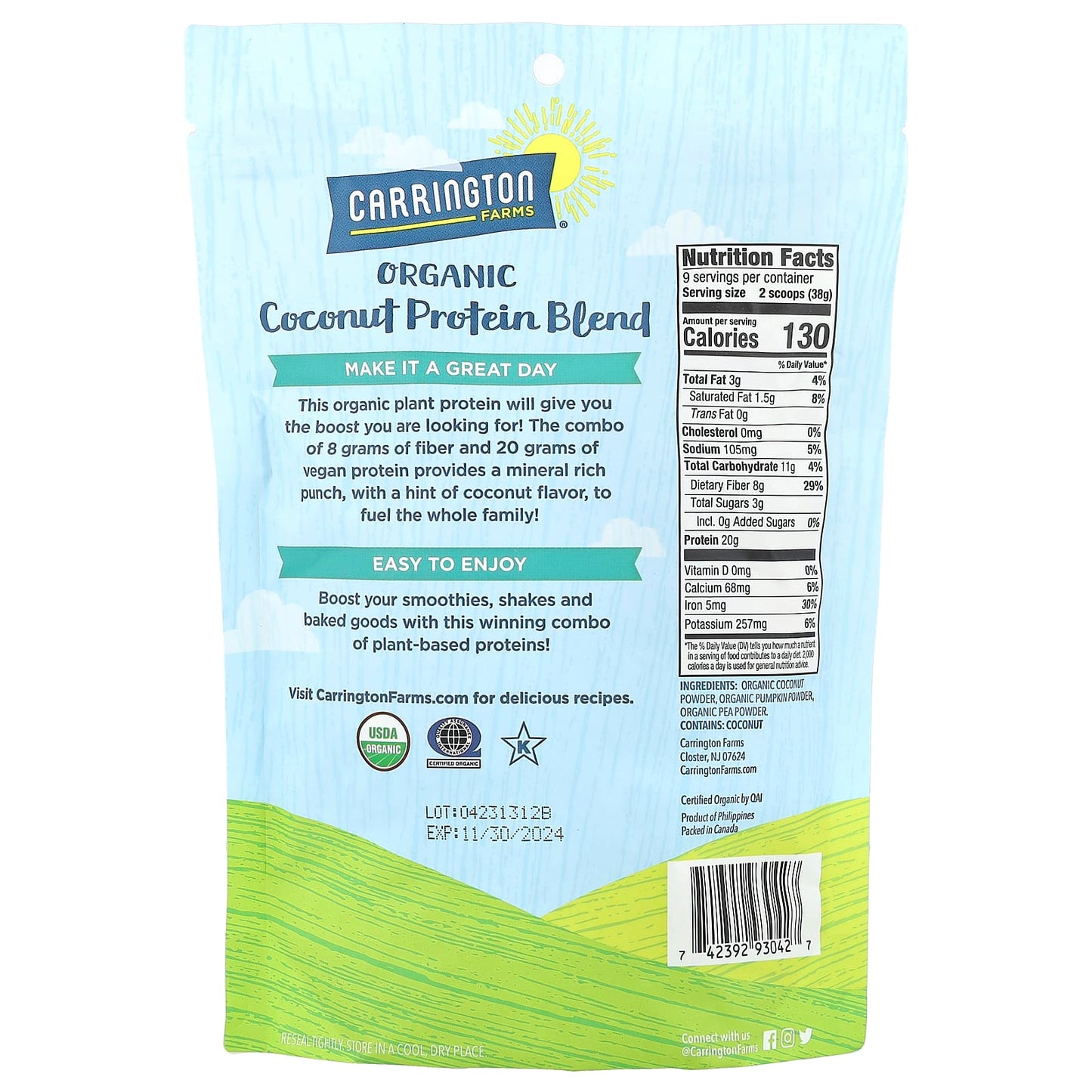 Organic Coconut Protein Blend by Carrington Farms - 20g Protein & 8g Fiber - Image 2