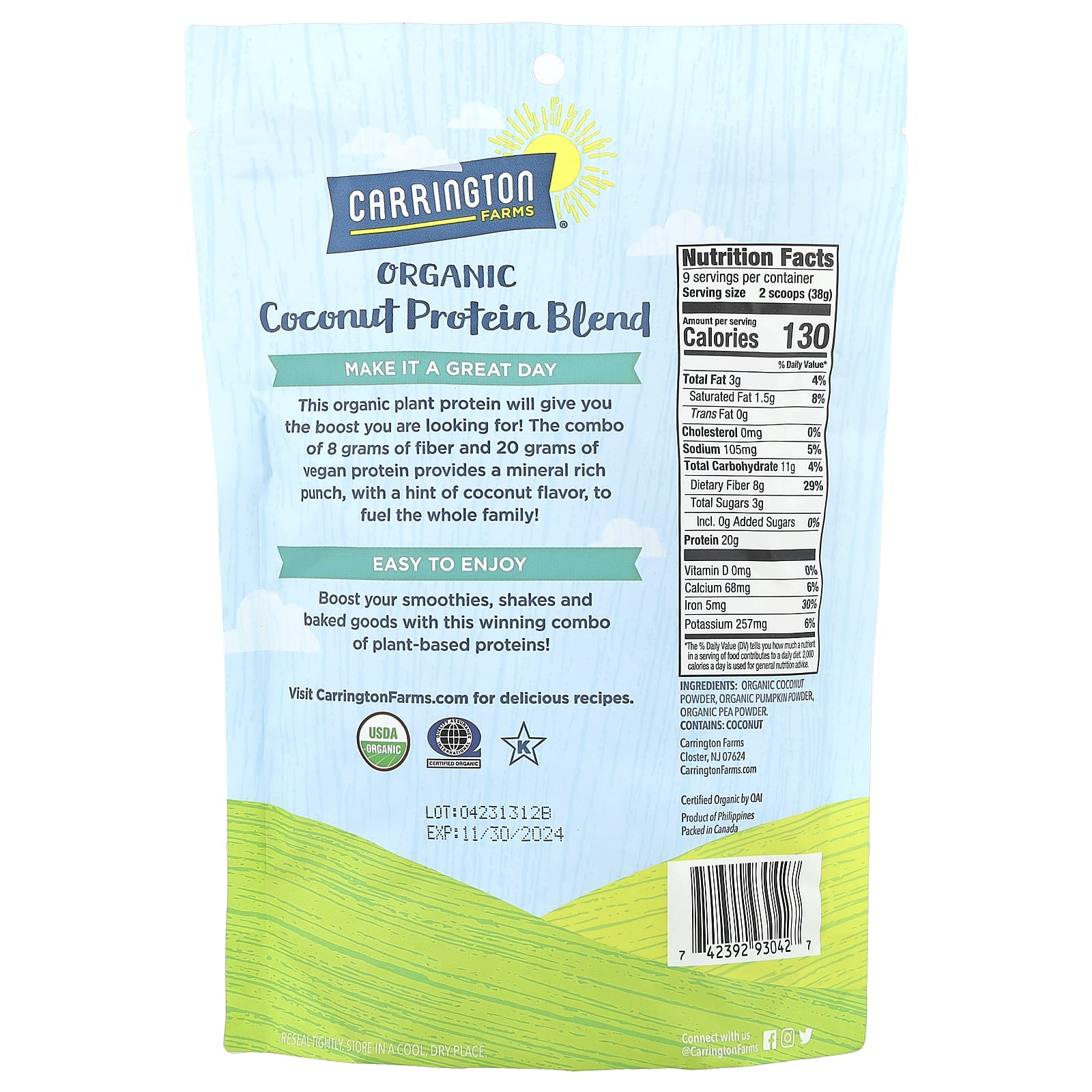 Organic Coconut Protein Blend by Carrington Farms - 20g Protein & 8g Fiber - Image 2