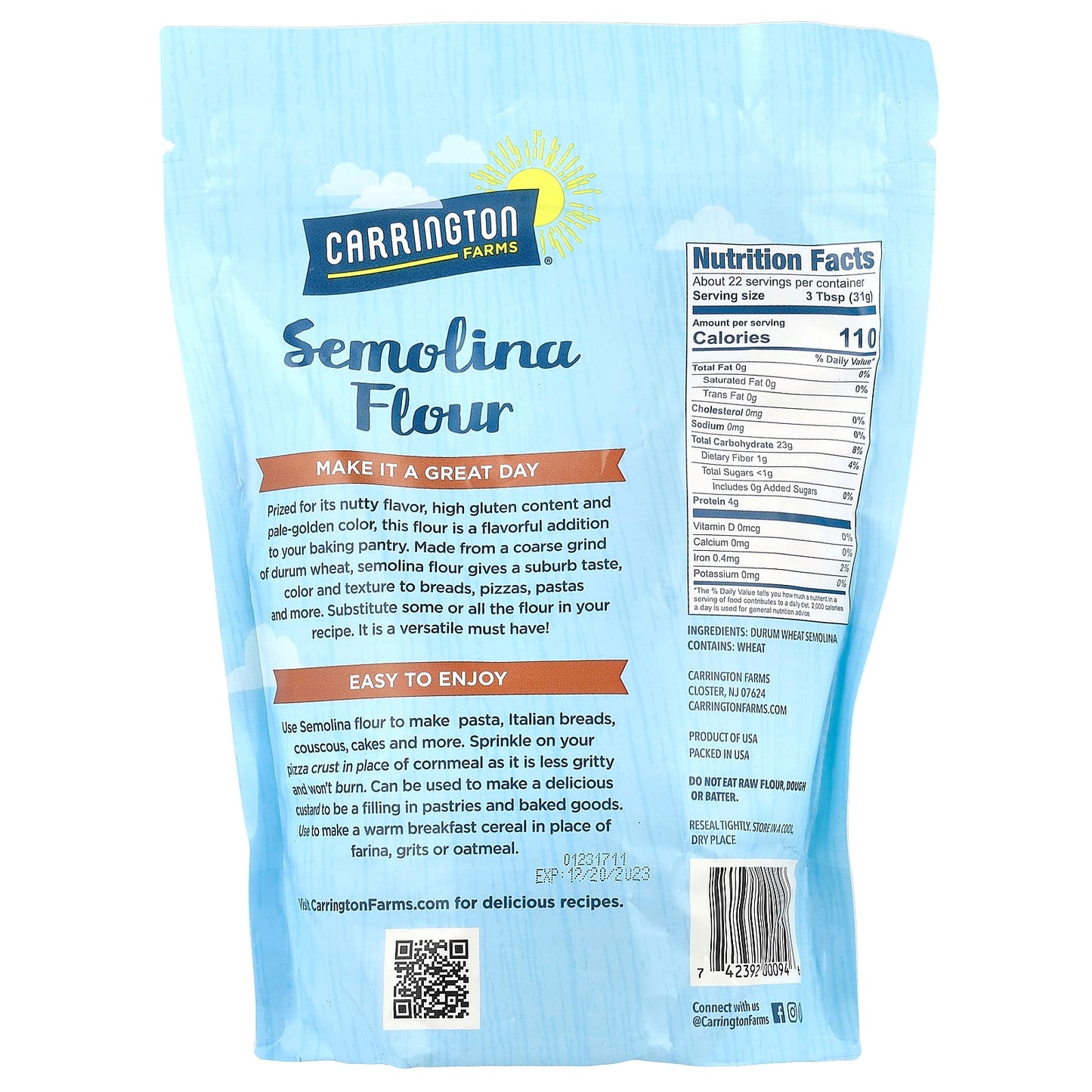 Semolina Flour by Carrington Farms - High Gluten Durum Wheat Flour - Image 2