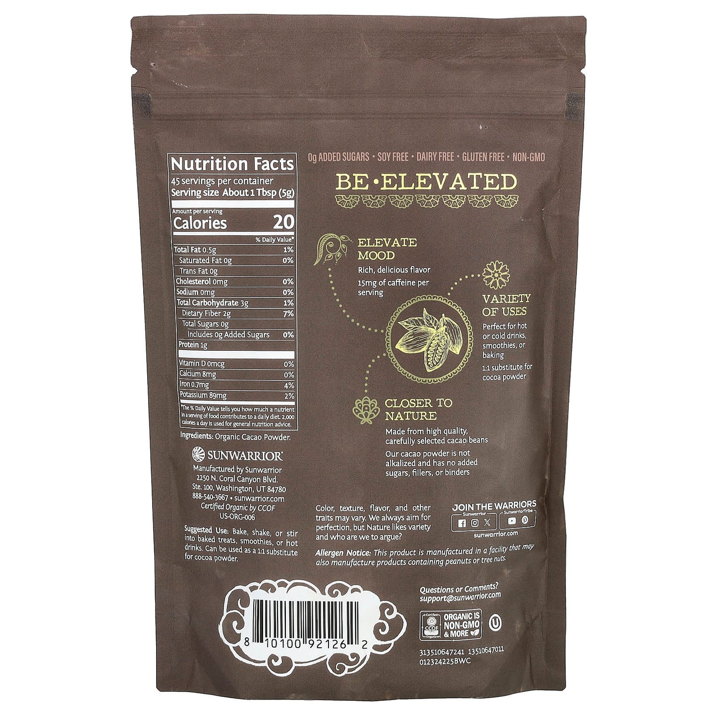 Sunwarrior, Be Well, Organic Cacao, 7.9 oz (225 g) - Image 2