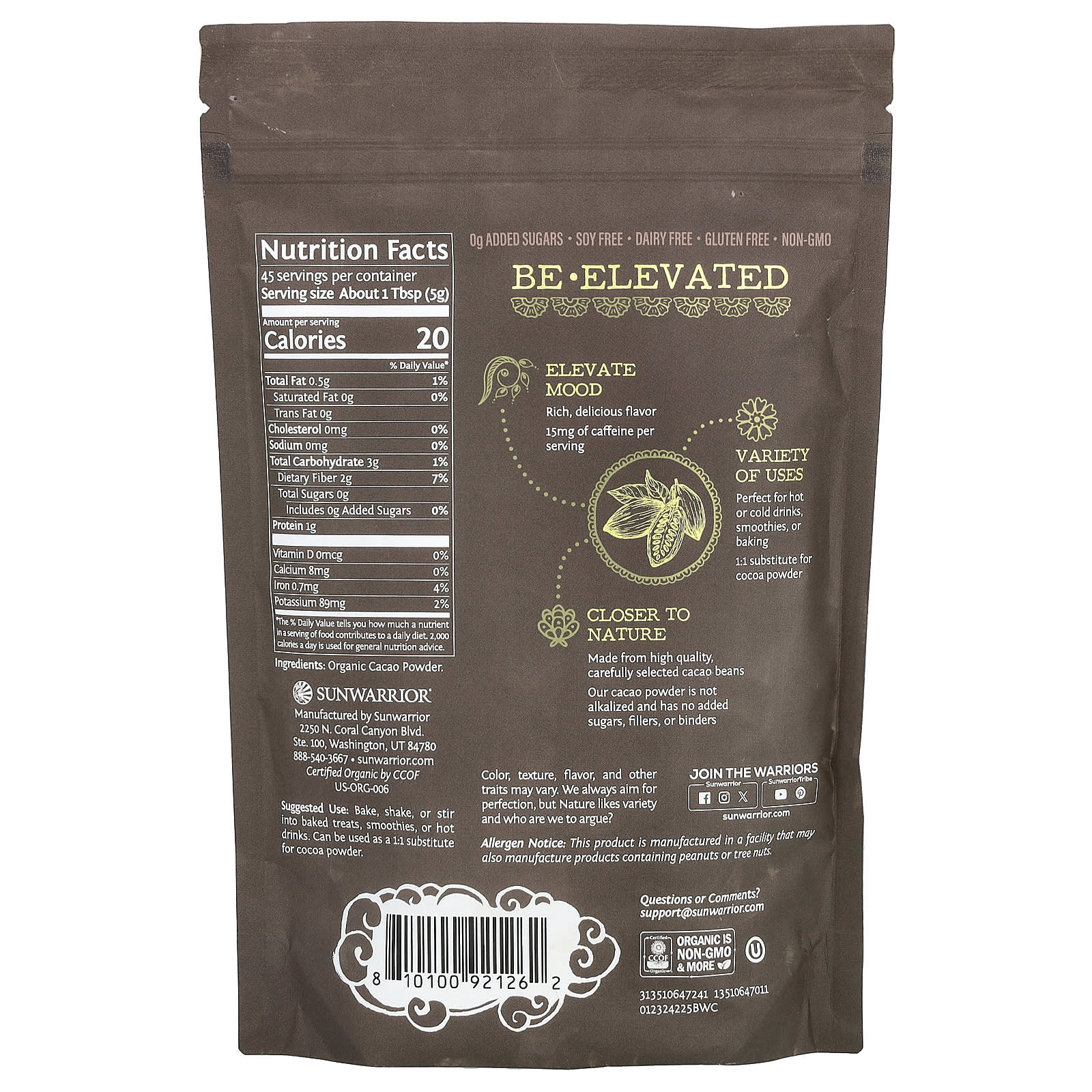 Sunwarrior, Be Well, Organic Cacao, 7.9 oz (225 g) - Image 2