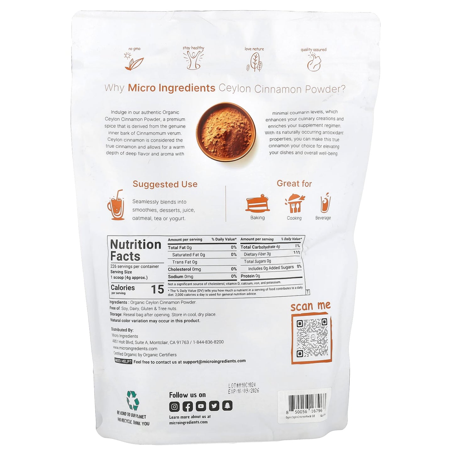 Micro Ingredients, Organic Ceylon Cinnamon Powder, 2 lb (907 g) - Image 2