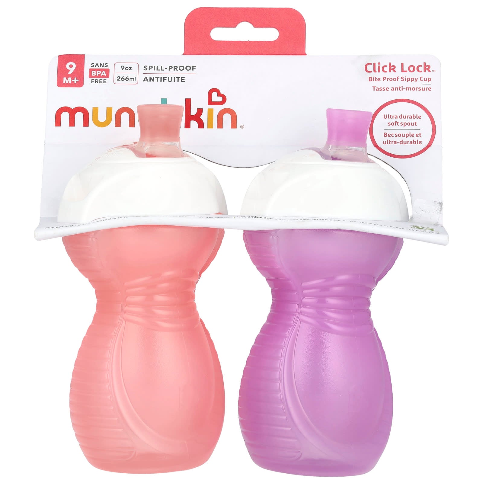 Munchkin, Click Lock™, Bite Proof Sippy Cup, 9 Months+, Light Pink & Light Purple, 2 Count, 9 oz (266 ml) Each - Image 1