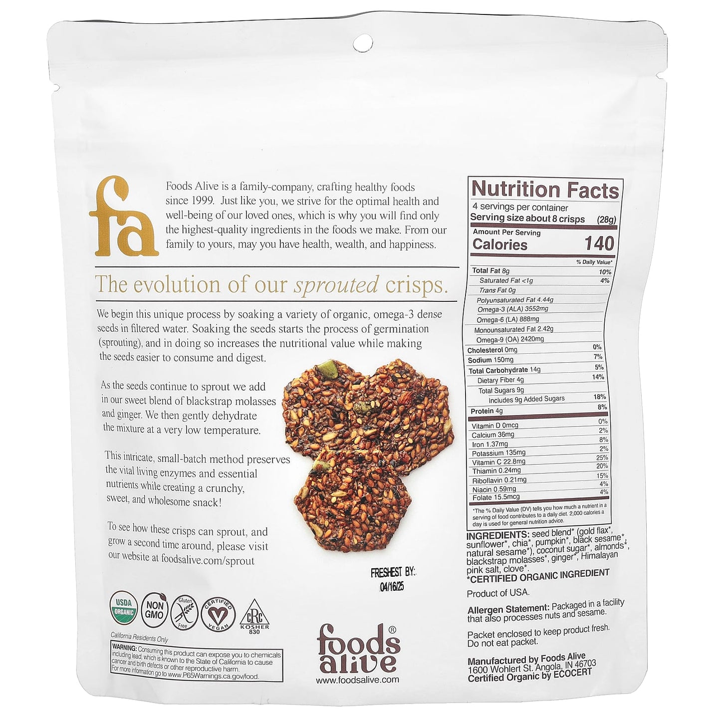 Certified Organic Sprouted Crisps by Foods Alive - Ginger Snap (4 oz) - Image 2