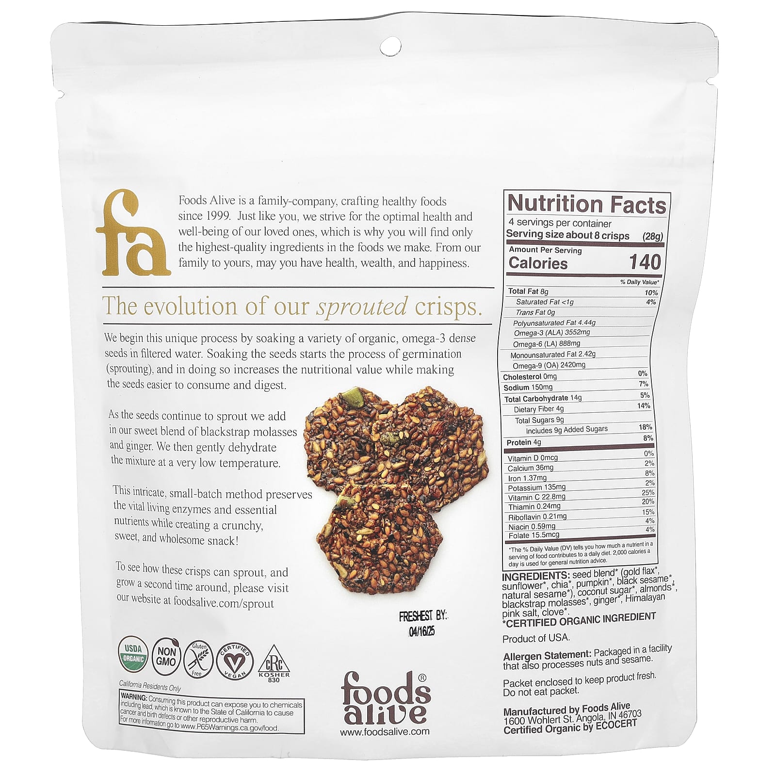 Certified Organic Sprouted Crisps by Foods Alive - Ginger Snap (4 oz) - Image 2