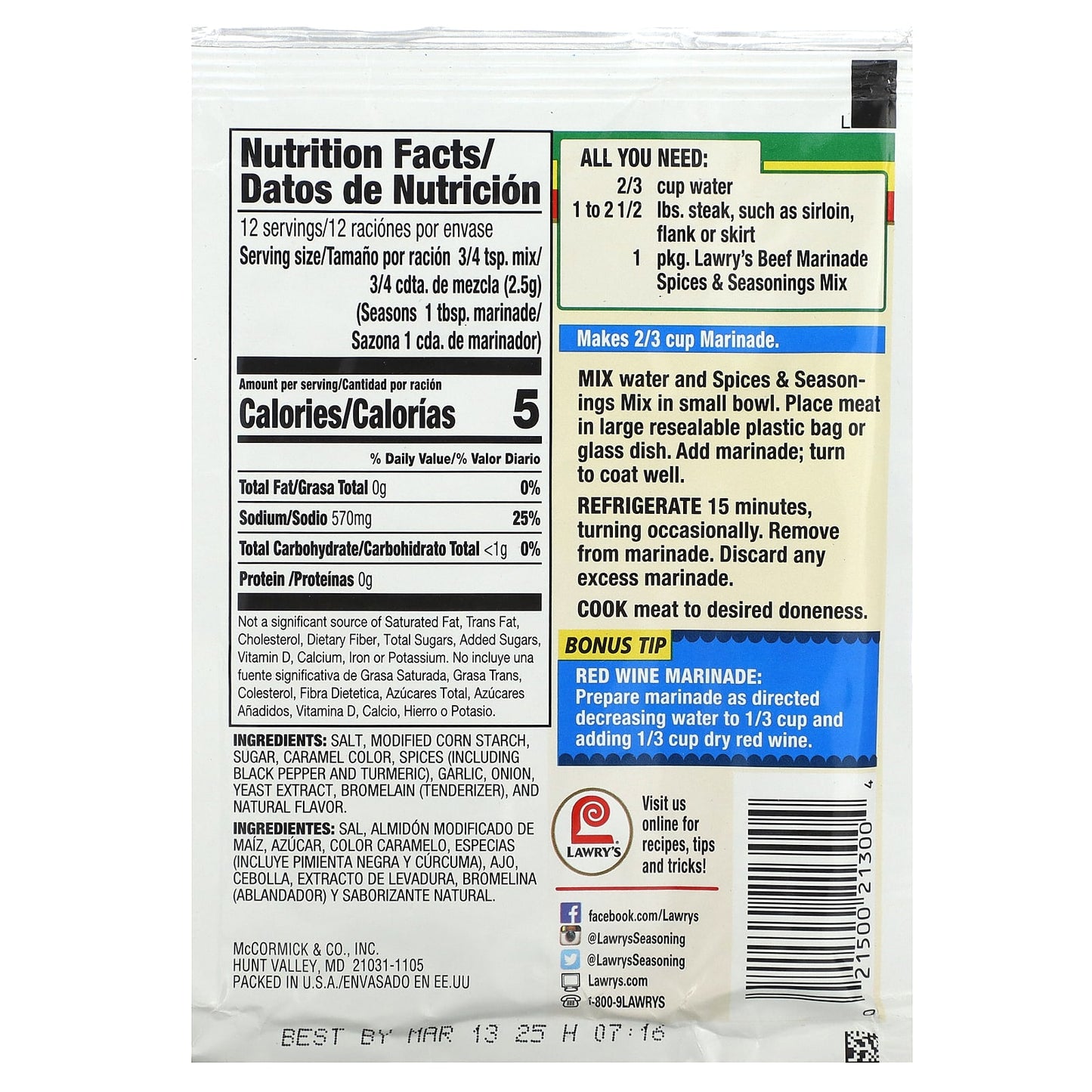Lawry's, Tenderizing Beef Marinade, Spices & Seasonings Mix, 1.06 oz (30 g) - Image 2