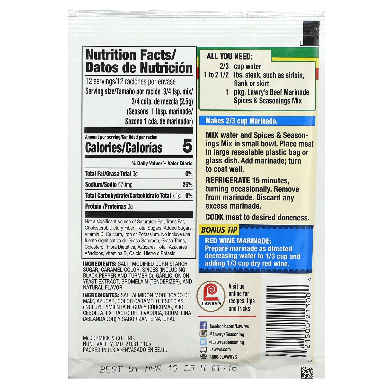Lawry's, Tenderizing Beef Marinade, Spices & Seasonings Mix, 1.06 oz (30 g) - Image 2