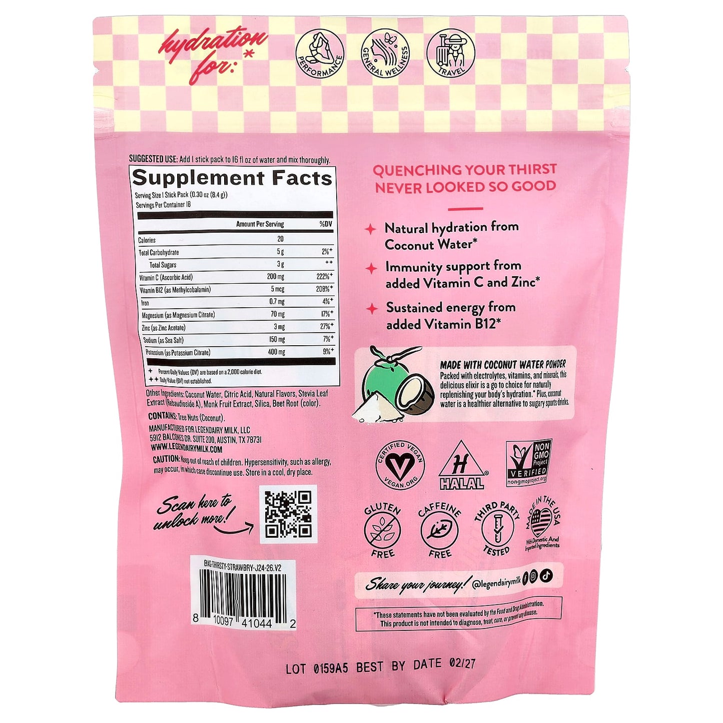 Legendairy Milk, She's Thirsty®, Coconut Water Electrolyte Mix, Strawberry Lemon, 18 Stick Packs, 0.30 oz (8.4 g) Each