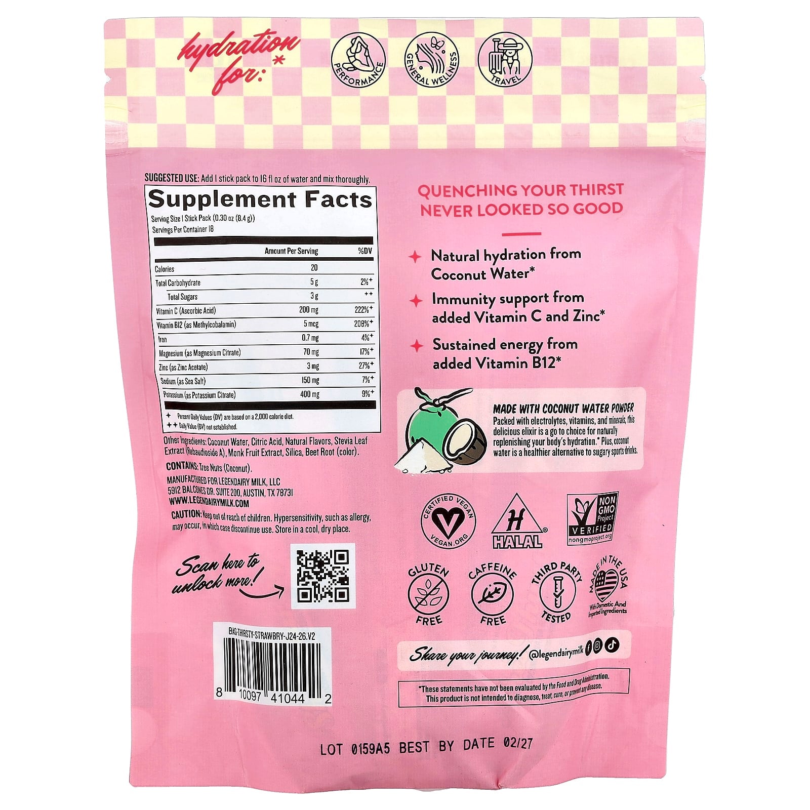 Legendairy Milk, She's Thirsty®, Coconut Water Electrolyte Mix, Strawberry Lemon, 18 Stick Packs, 0.30 oz (8.4 g) Each