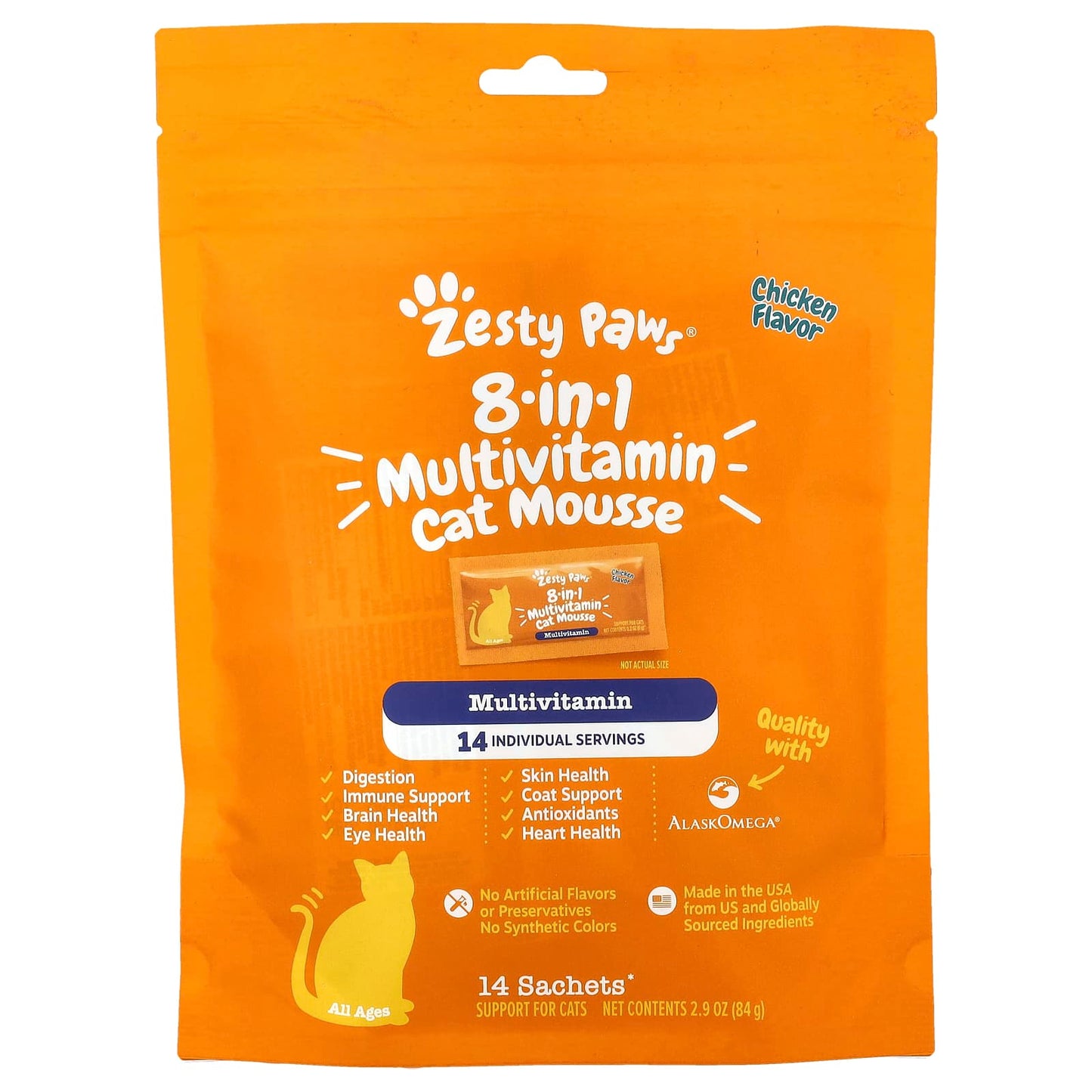 Zesty Paws, 8-in-1 Multivitamin Cat Mousse, All Ages, Chicken, 14 Sachets, 0.2 oz (6 g) Each - Image 1