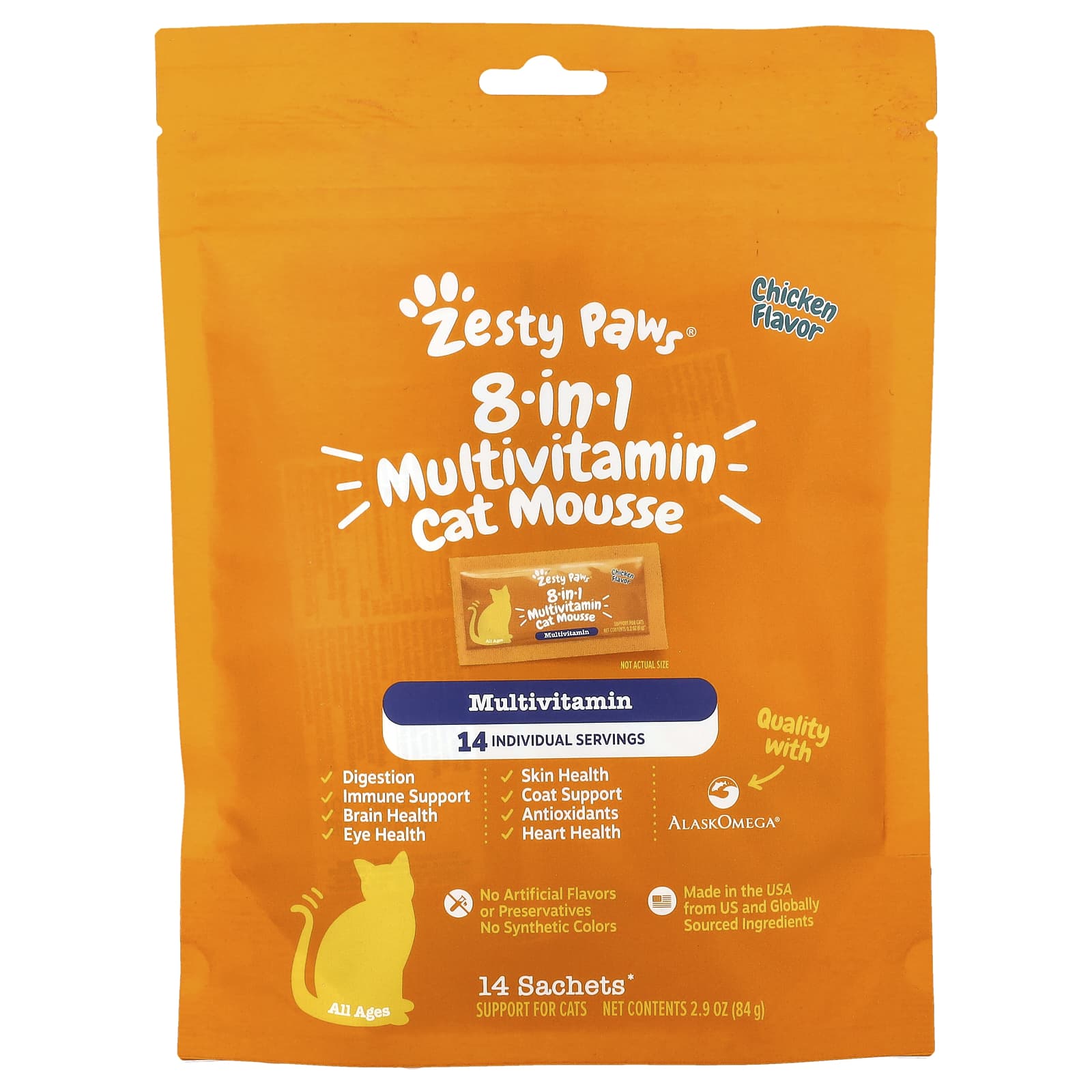 Zesty Paws, 8-in-1 Multivitamin Cat Mousse, All Ages, Chicken, 14 Sachets, 0.2 oz (6 g) Each - Image 1