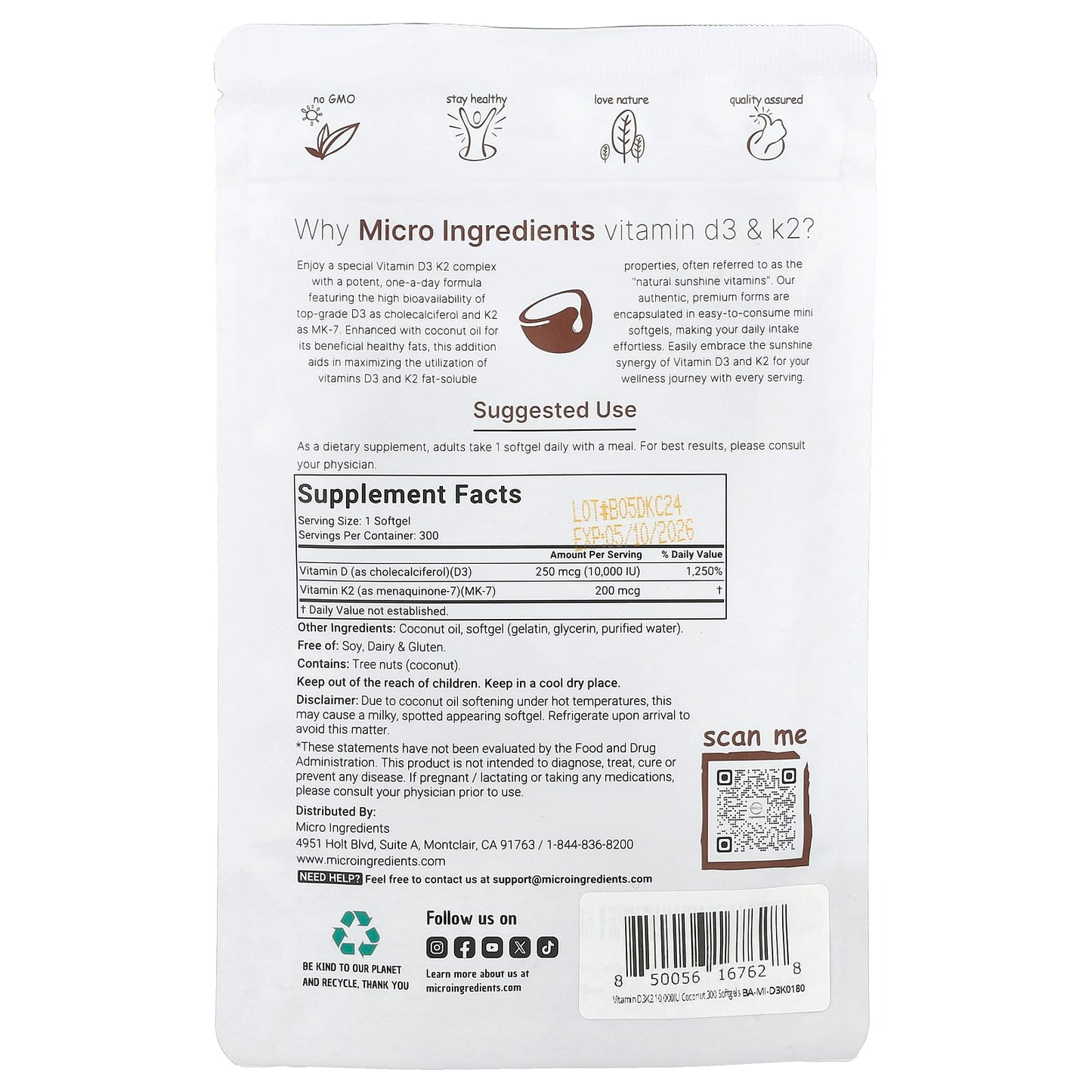 Micro Ingredients, Vitamin D3 & K2, 300 Softgels - Image 2