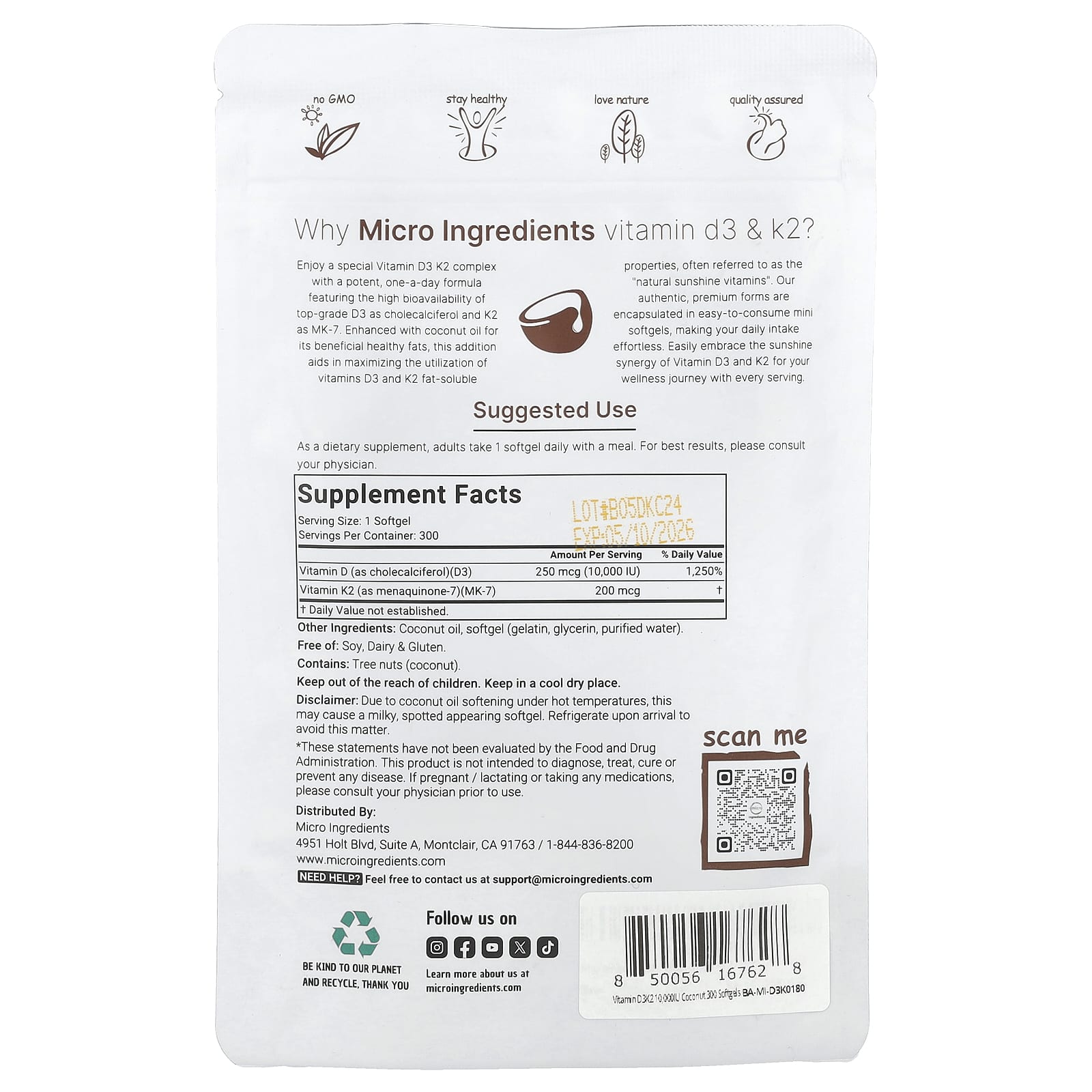 Micro Ingredients, Vitamin D3 & K2, 300 Softgels - Image 2